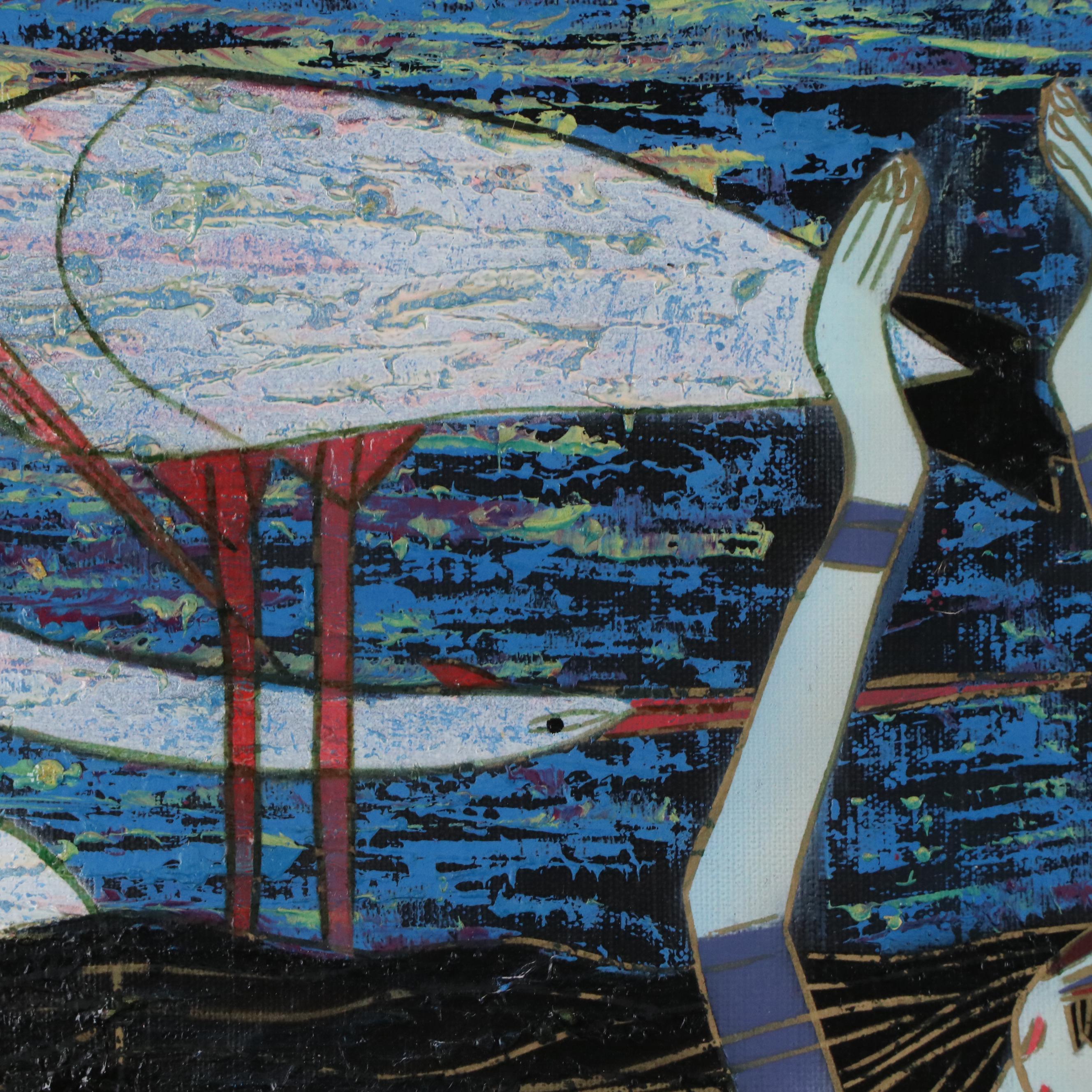 C. Jones MCM Acrylic Painting of Woman Surrounded by Cranes