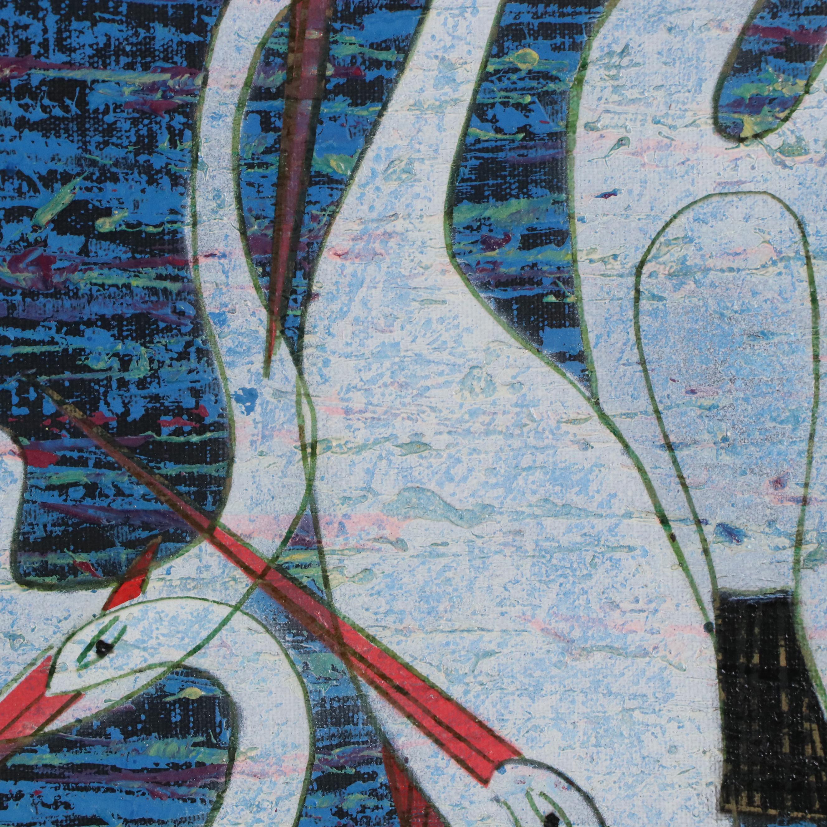 C. Jones MCM Acrylic Painting of Woman Surrounded by Cranes