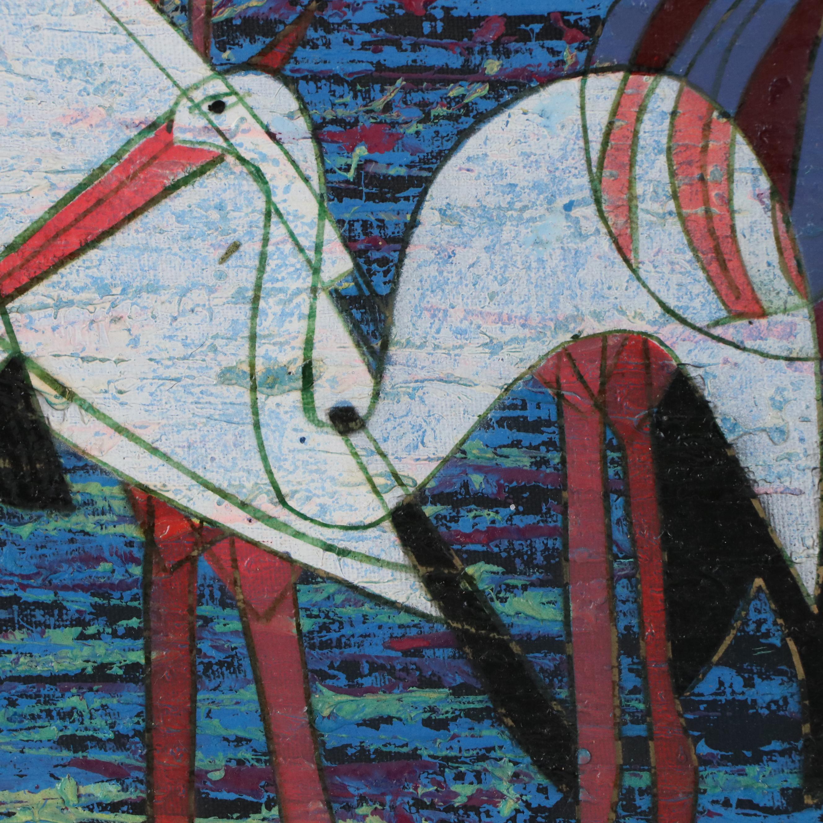 C. Jones MCM Acrylic Painting of Woman Surrounded by Cranes