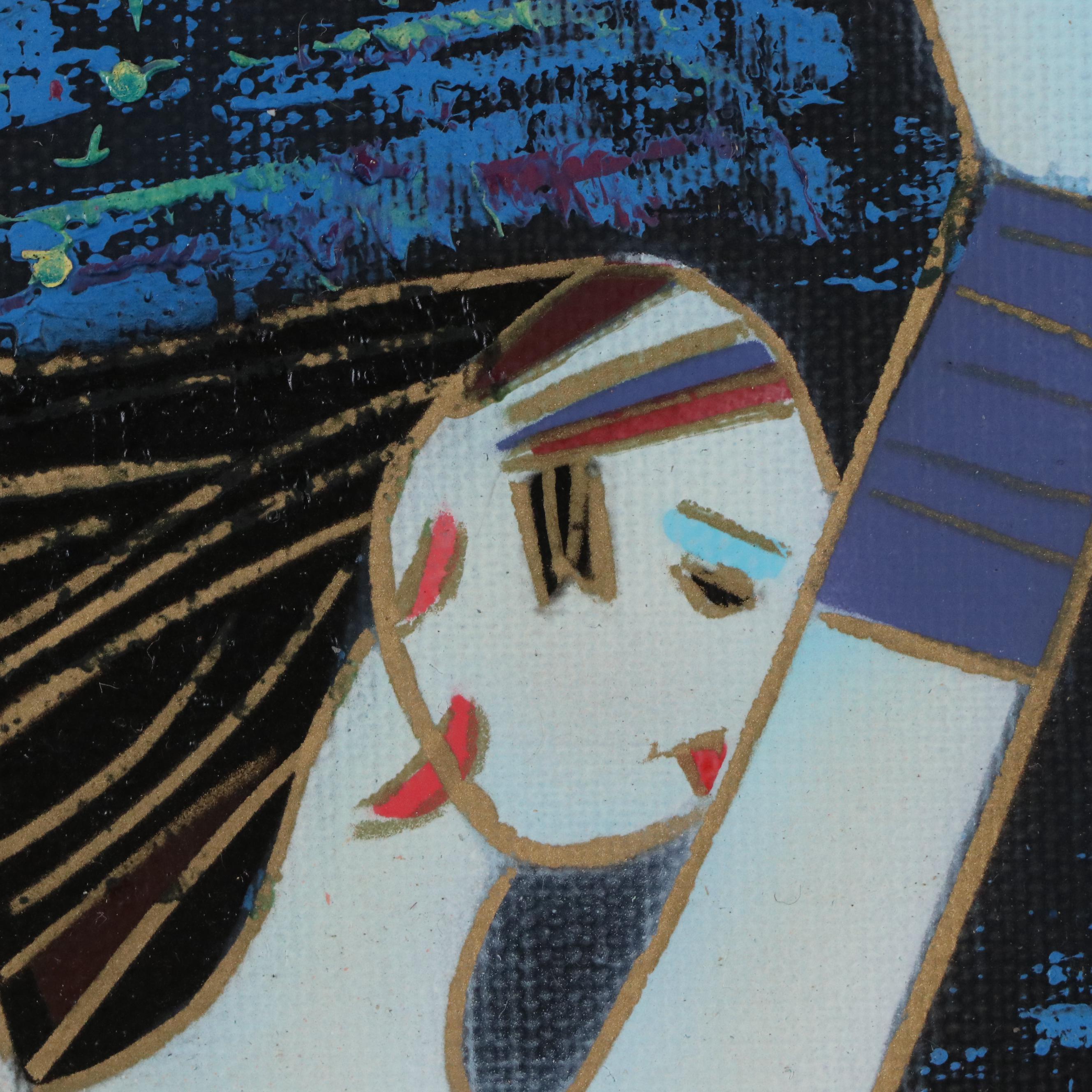 C. Jones MCM Acrylic Painting of Woman Surrounded by Cranes