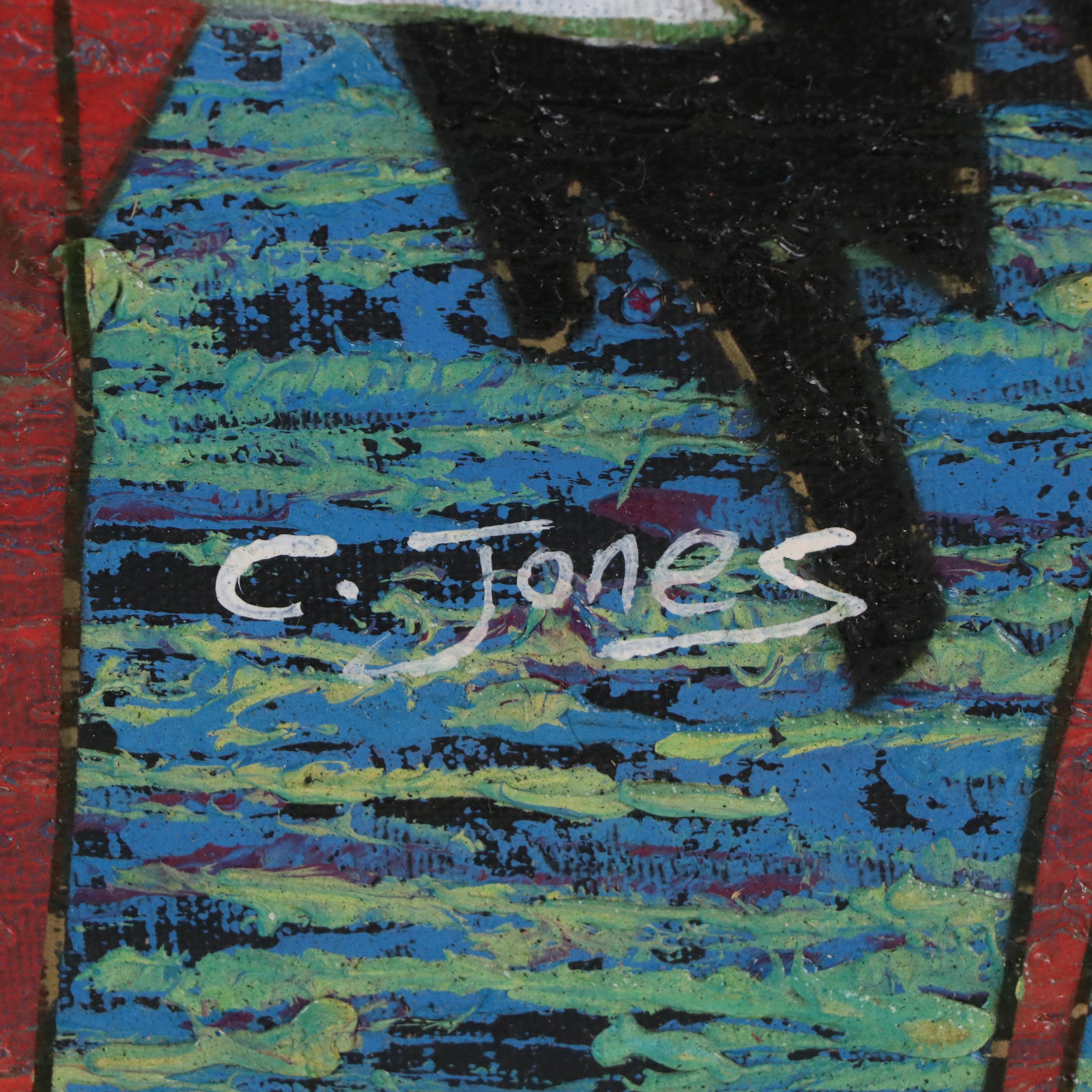 C. Jones MCM Acrylic Painting of Woman Surrounded by Cranes