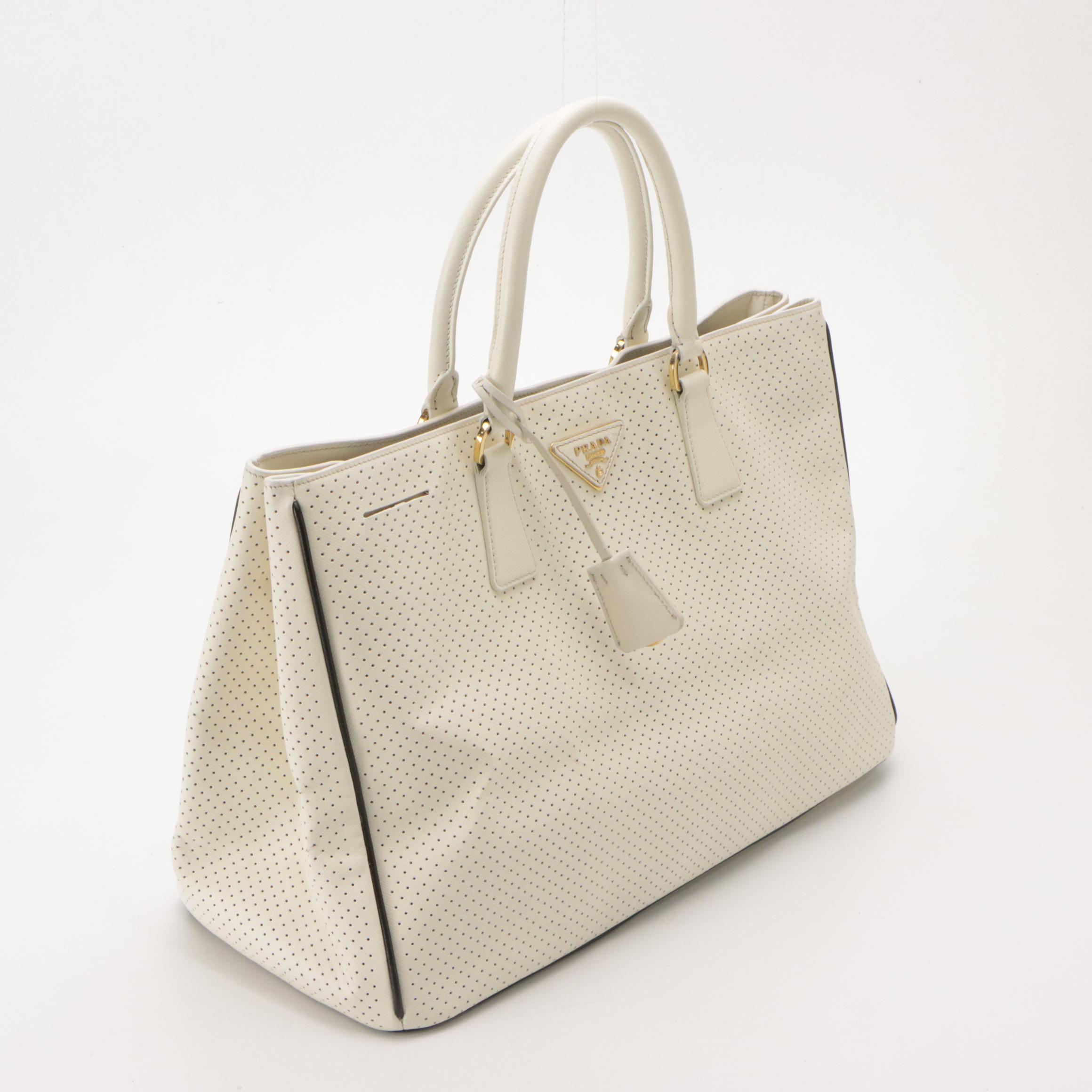 Prada White Perforated Leather Tote Bag with Black Leather Trim