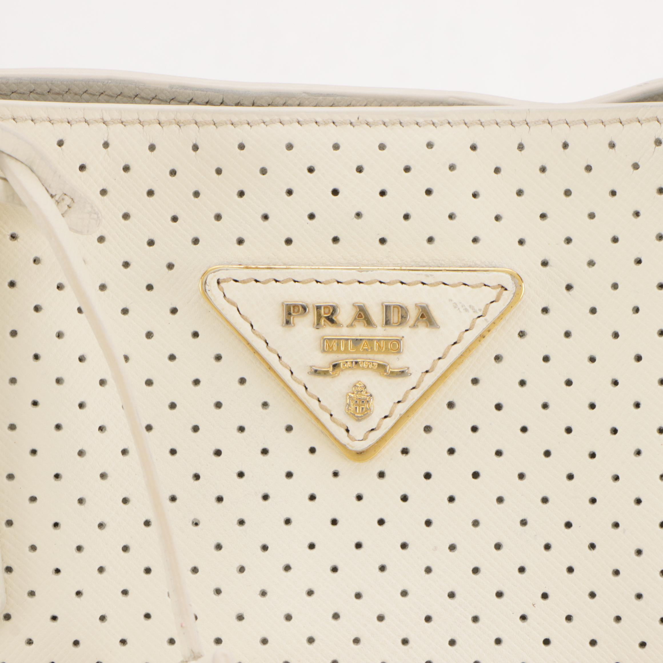 Prada White Perforated Leather Tote Bag with Black Leather Trim