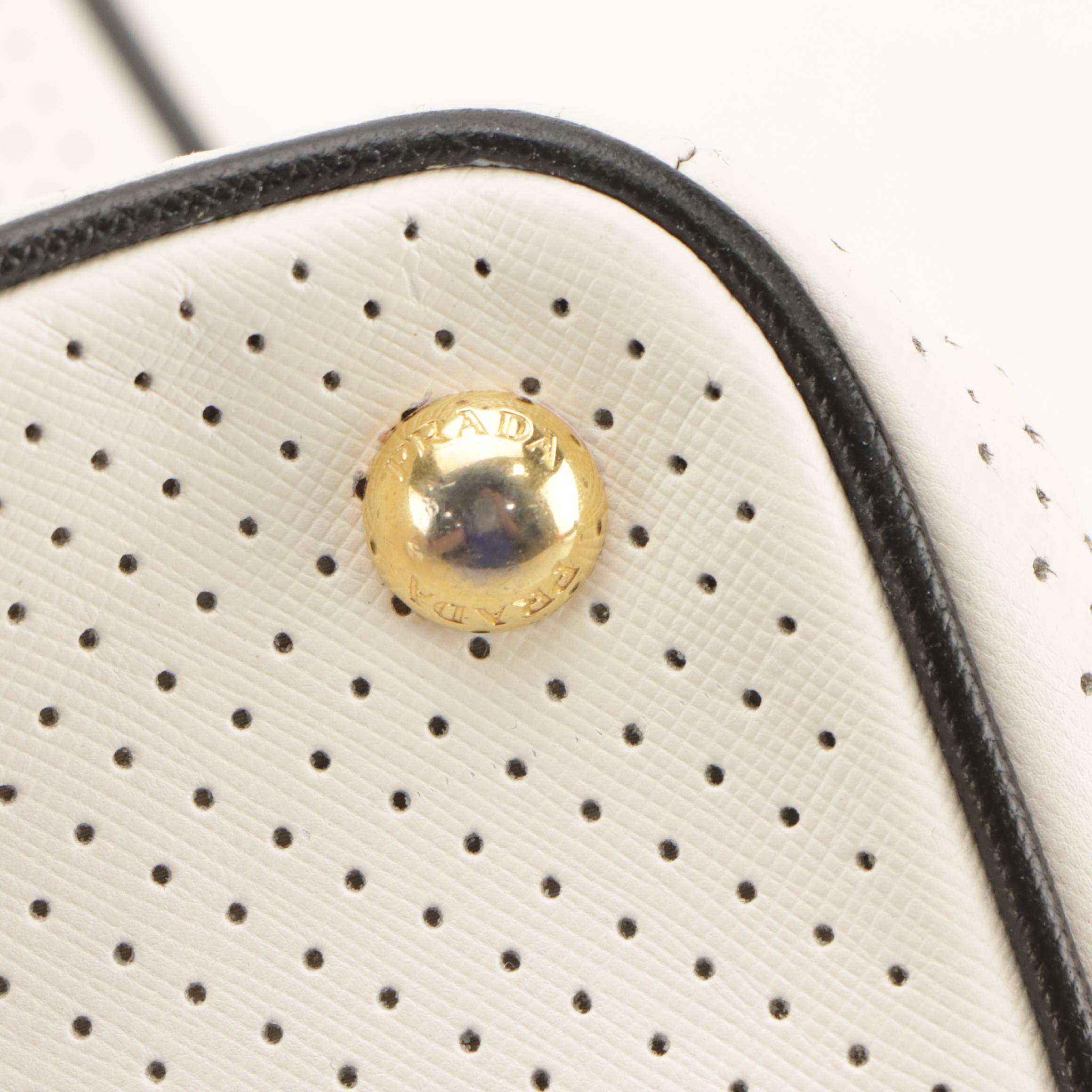 Prada White Perforated Leather Tote Bag with Black Leather Trim