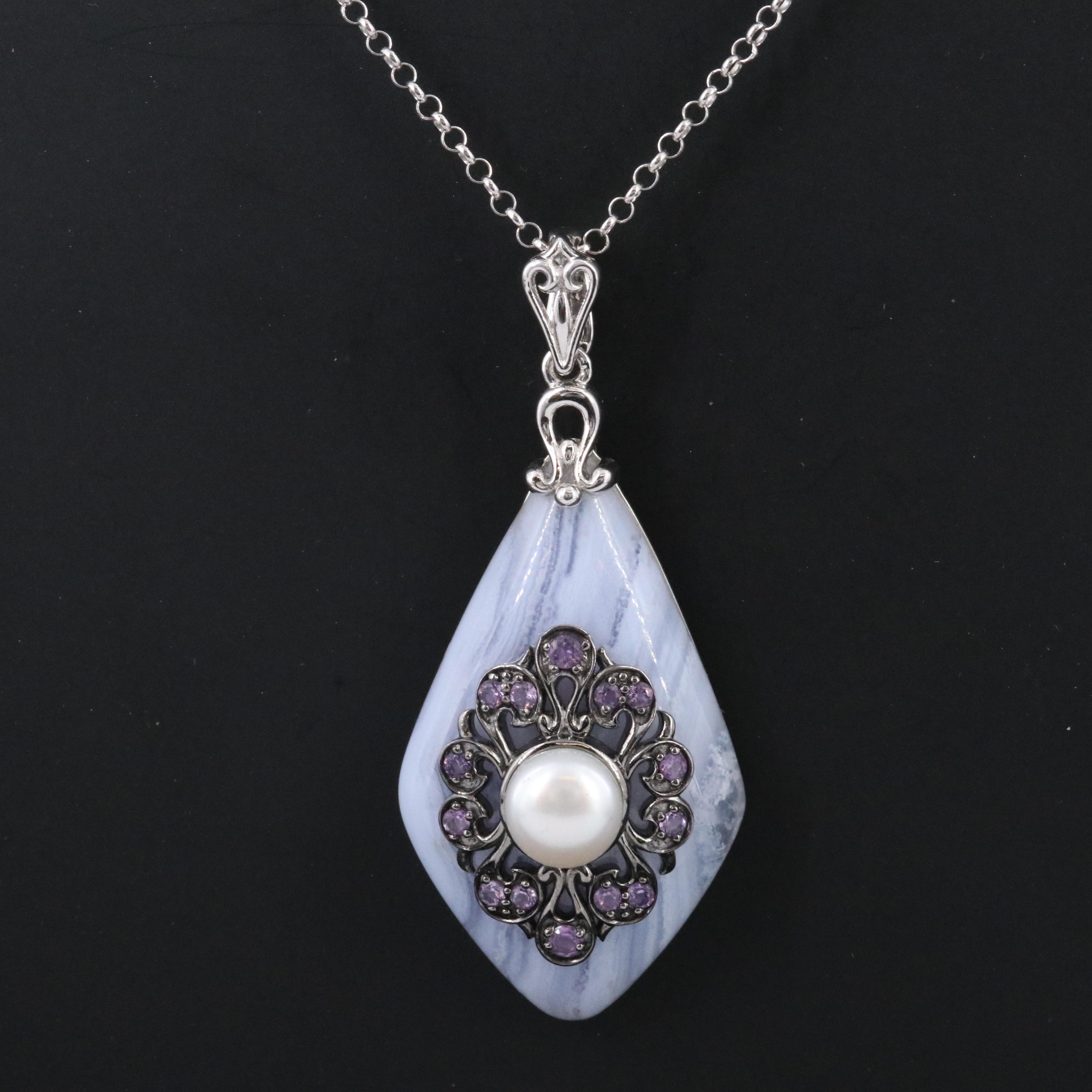 Carlo Viani Sterling Pendant Necklace with Agate, Pearl and Amethyst