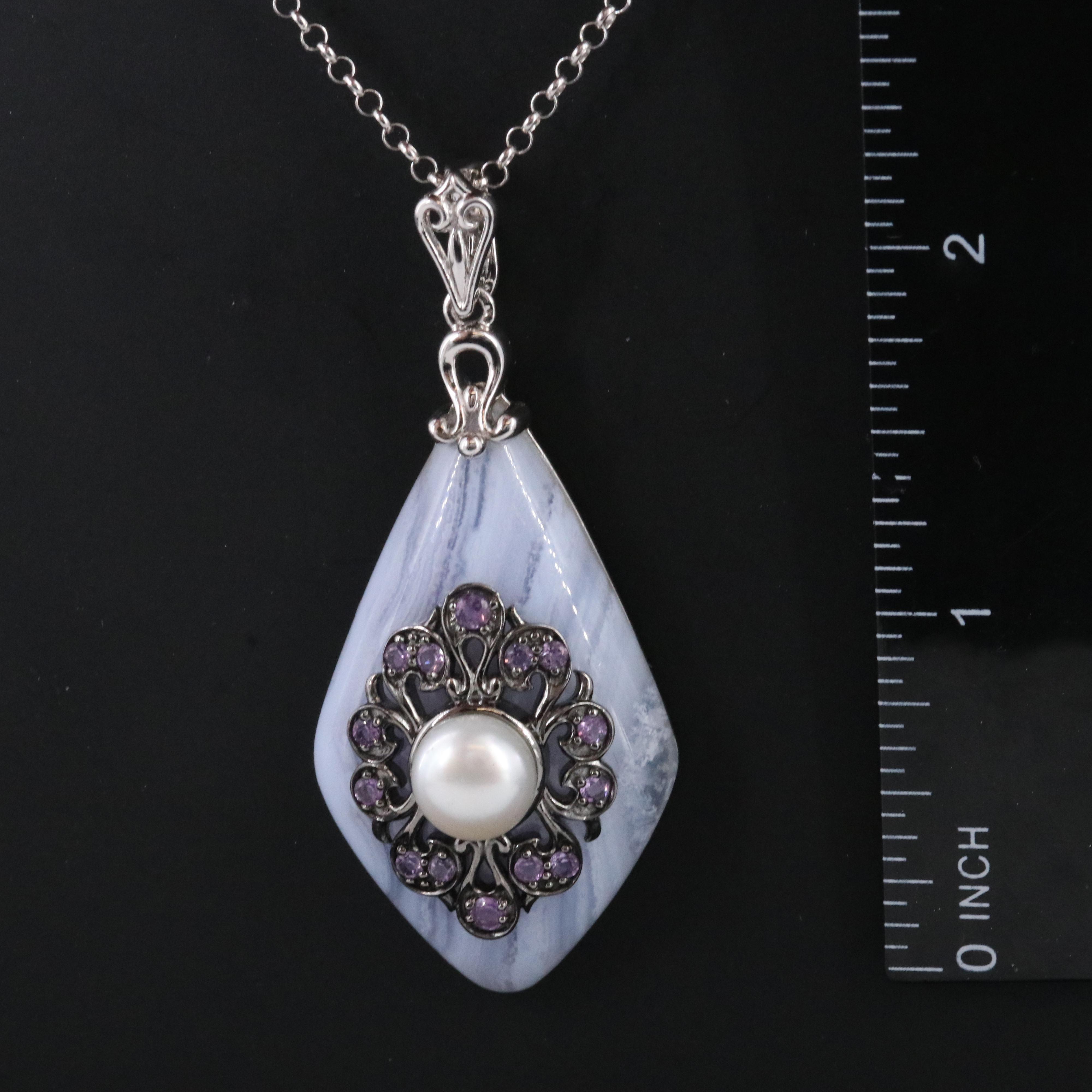 Carlo Viani Sterling Pendant Necklace with Agate, Pearl and Amethyst