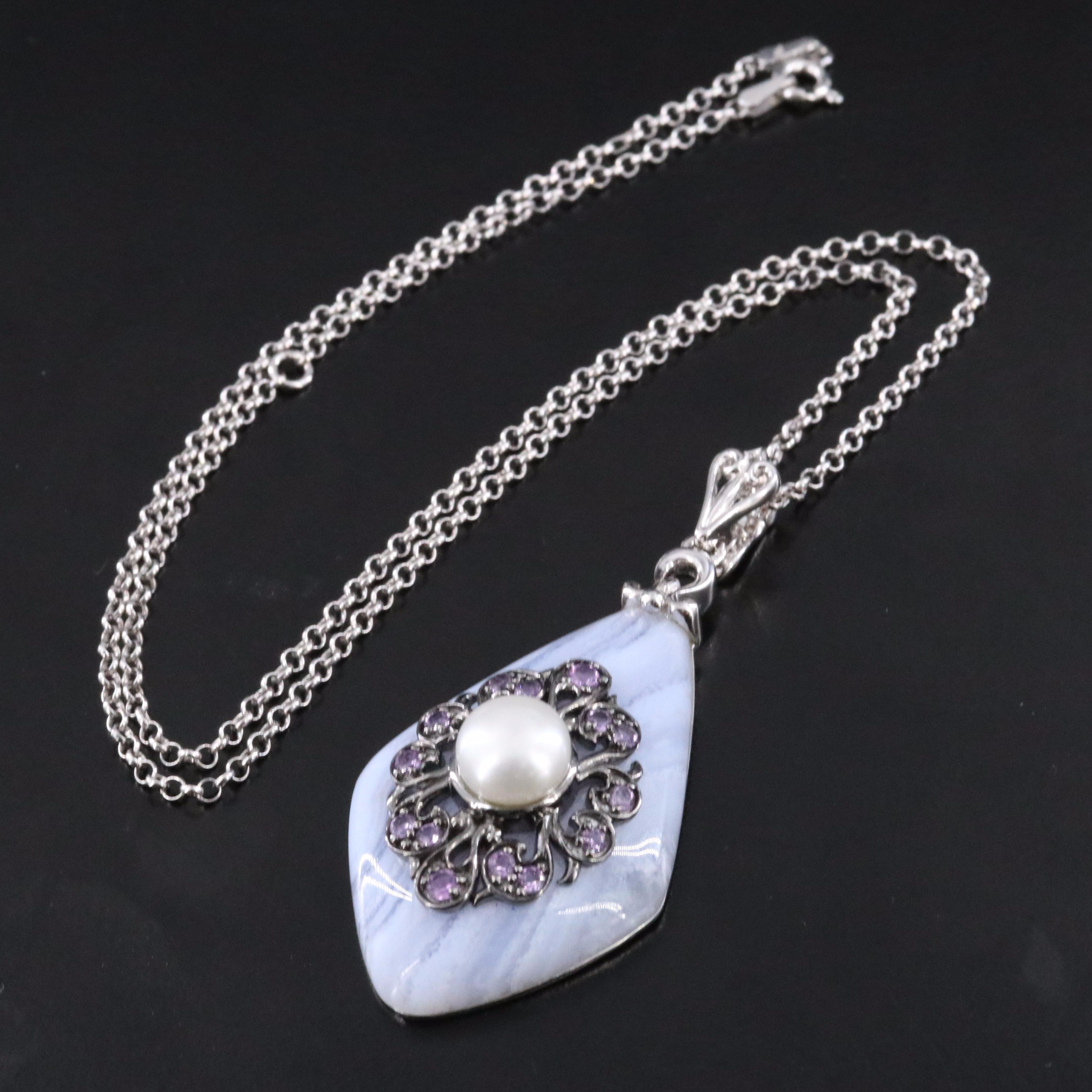 Carlo Viani Sterling Pendant Necklace with Agate, Pearl and Amethyst