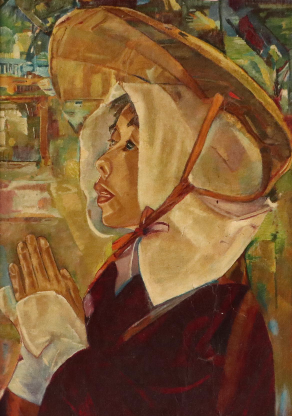 Portrait Oil Painting of Chinese Woman Wearing Sun Hat