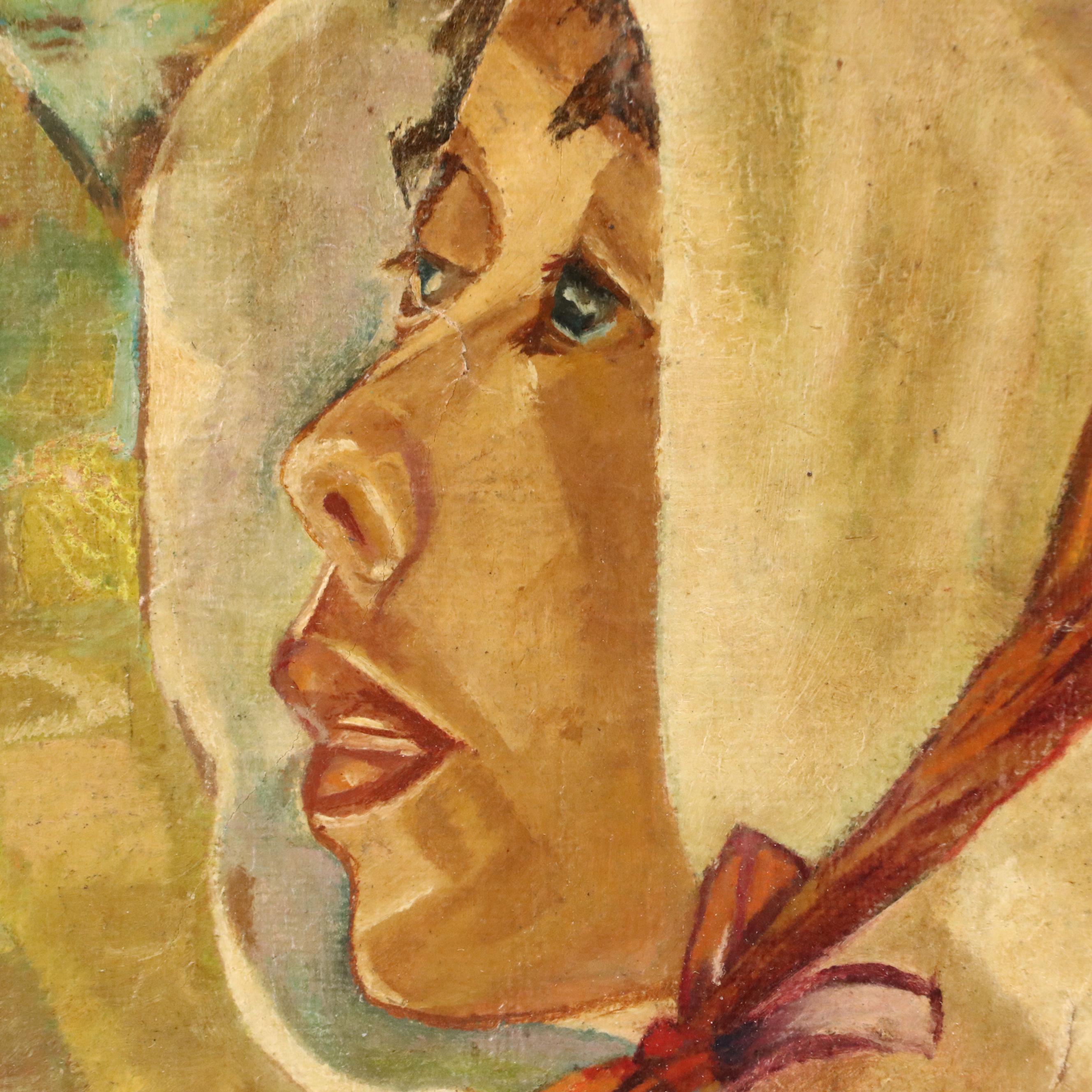 Portrait Oil Painting of Chinese Woman Wearing Sun Hat