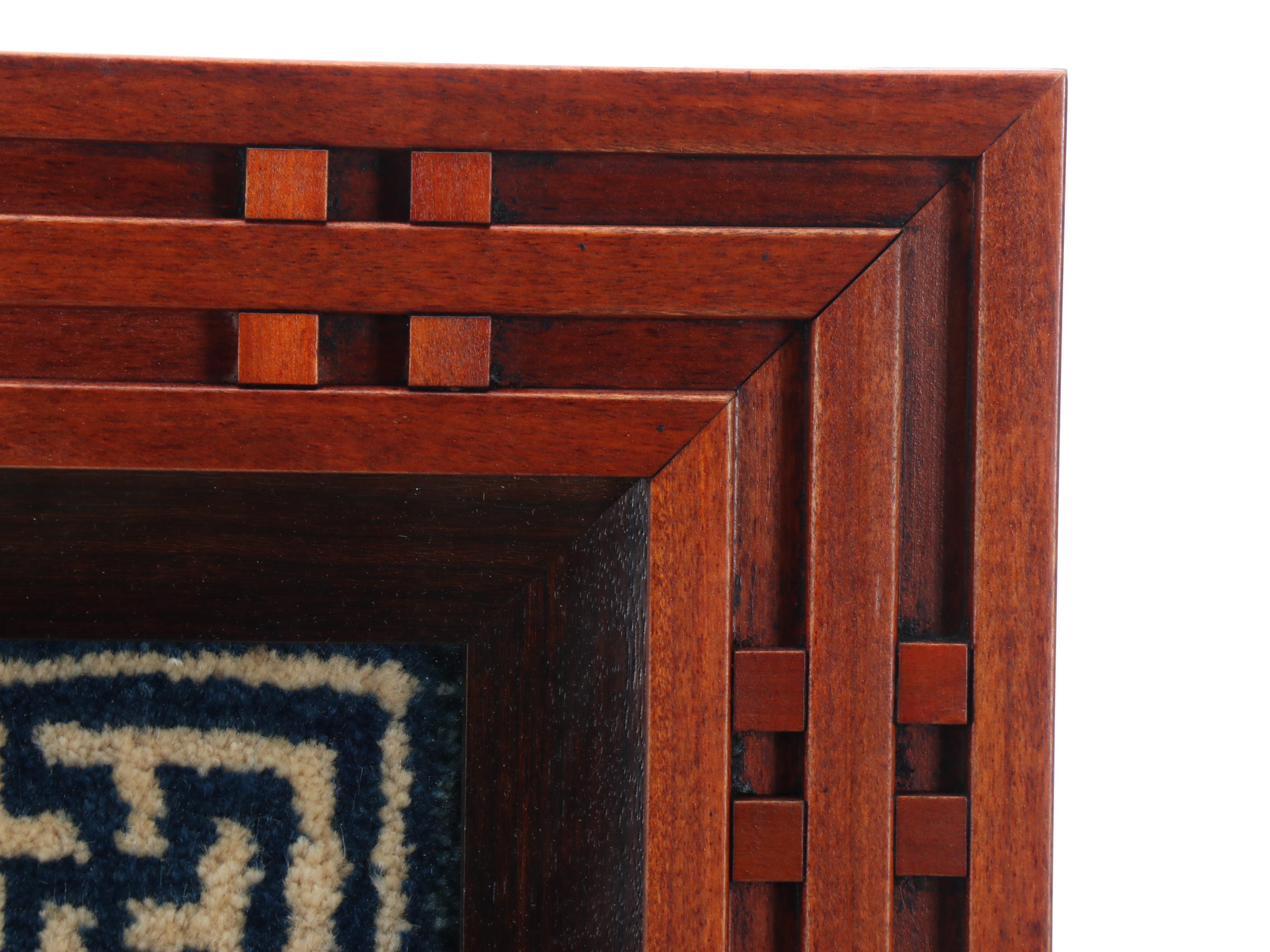 Chinese Blue and White Wool Knotted Rug in Wood Frame