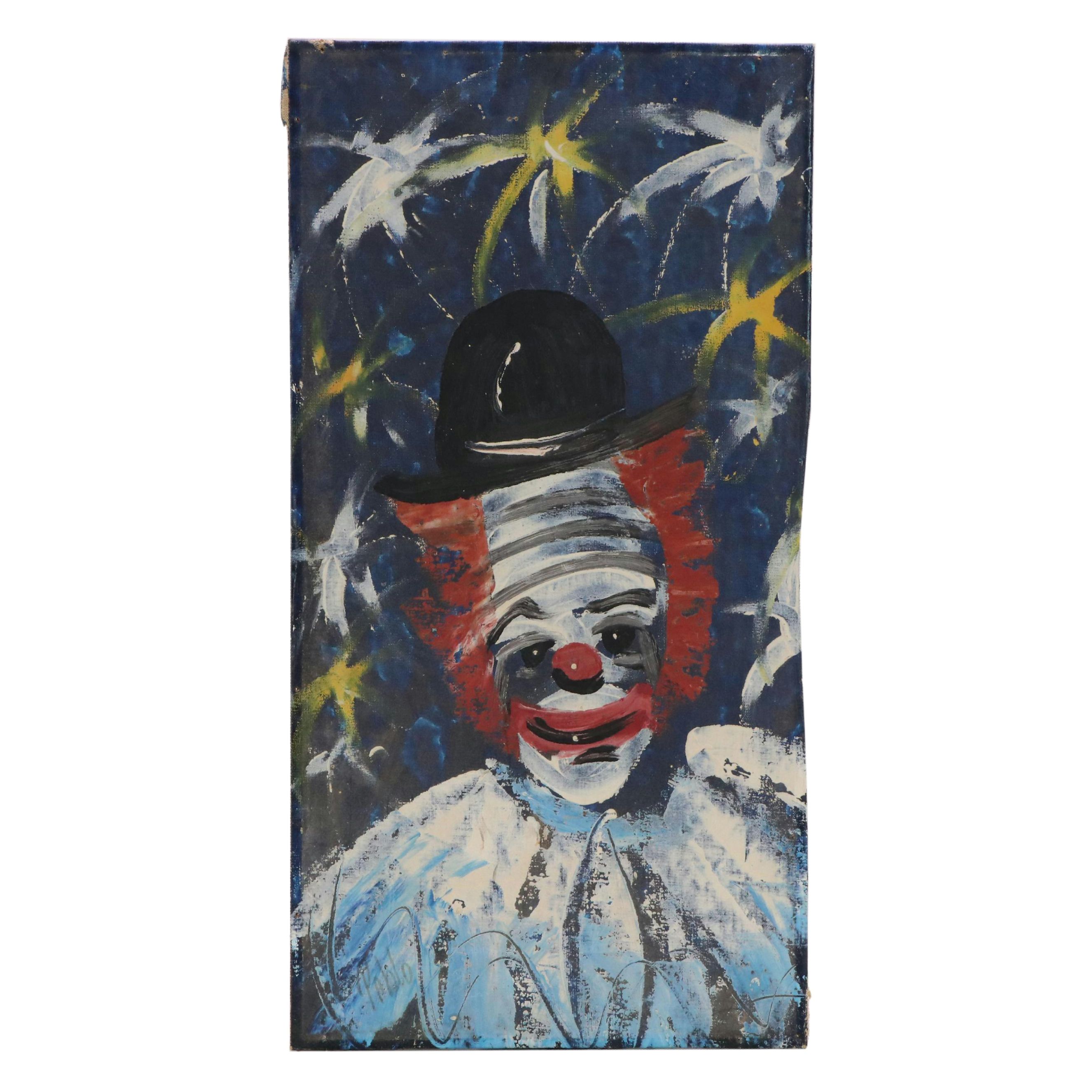 Pablo Clown Portrait Oil Painting, Mid to Late 20th Century