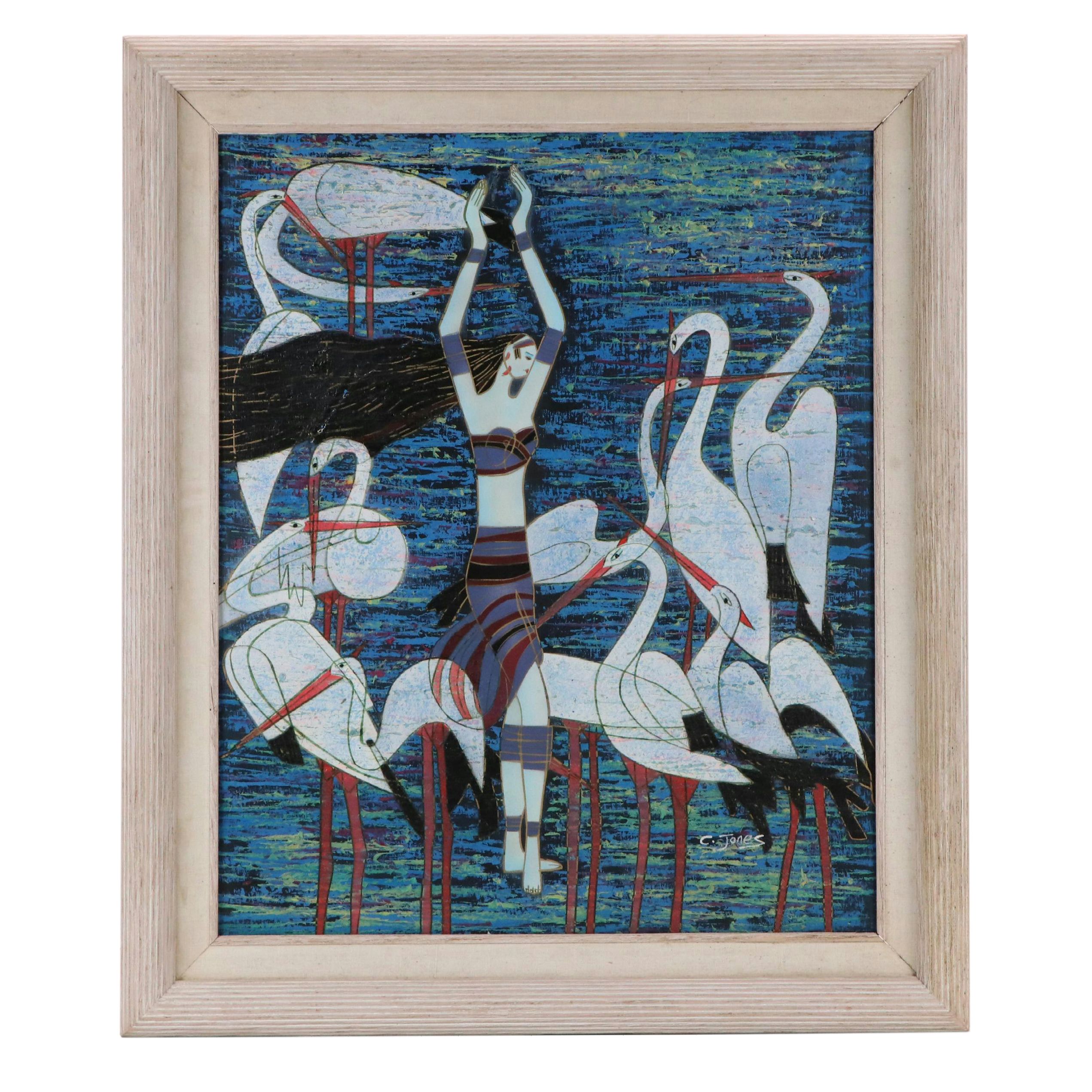 C. Jones MCM Acrylic Painting of Woman Surrounded by Cranes