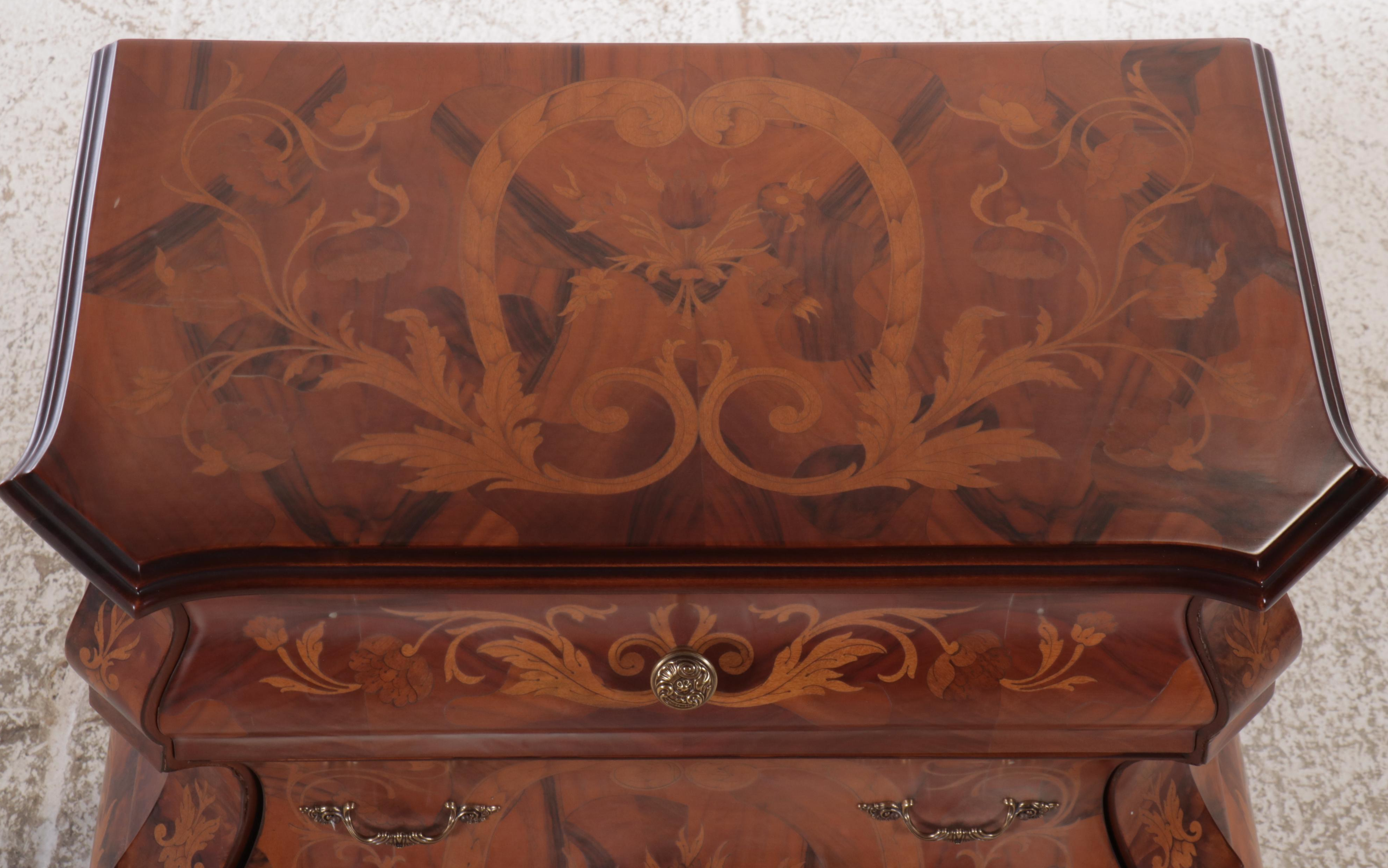Dutch Baroque Style Bombe Commode with Folial Design Inlay