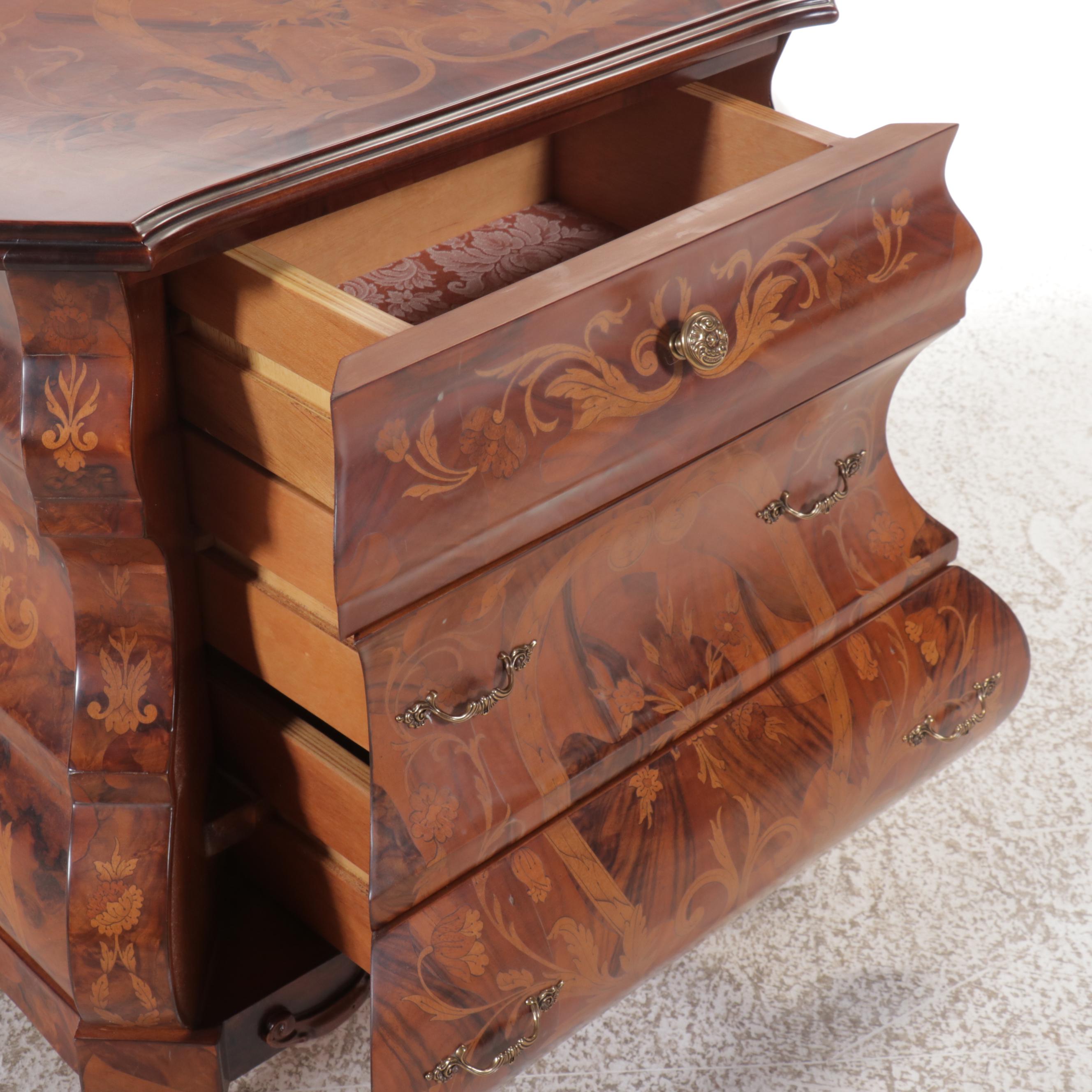 Dutch Baroque Style Bombe Commode with Folial Design Inlay