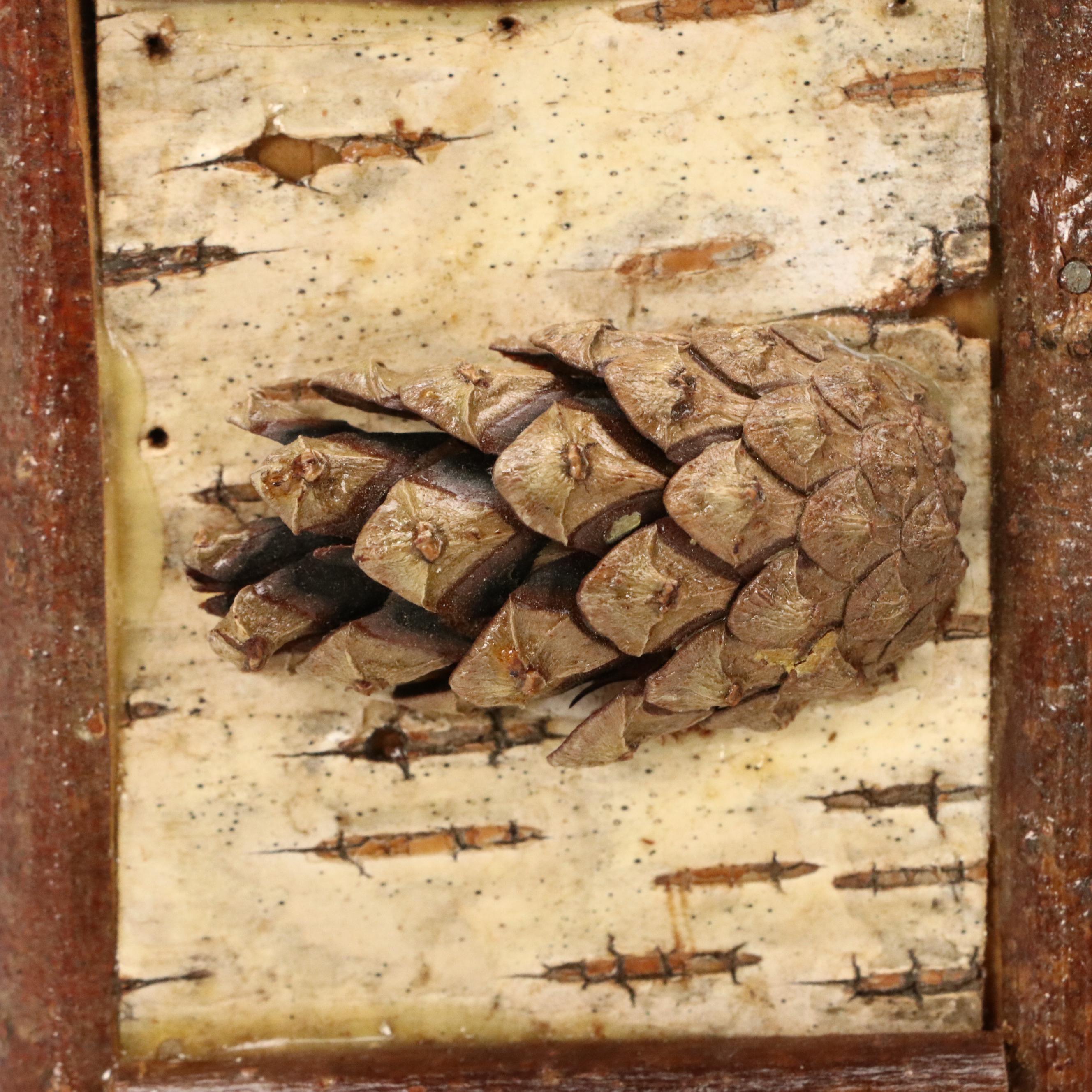 Robert Beaven Folk Art Frame with Pine Cones, Birch Bark, and Twigs