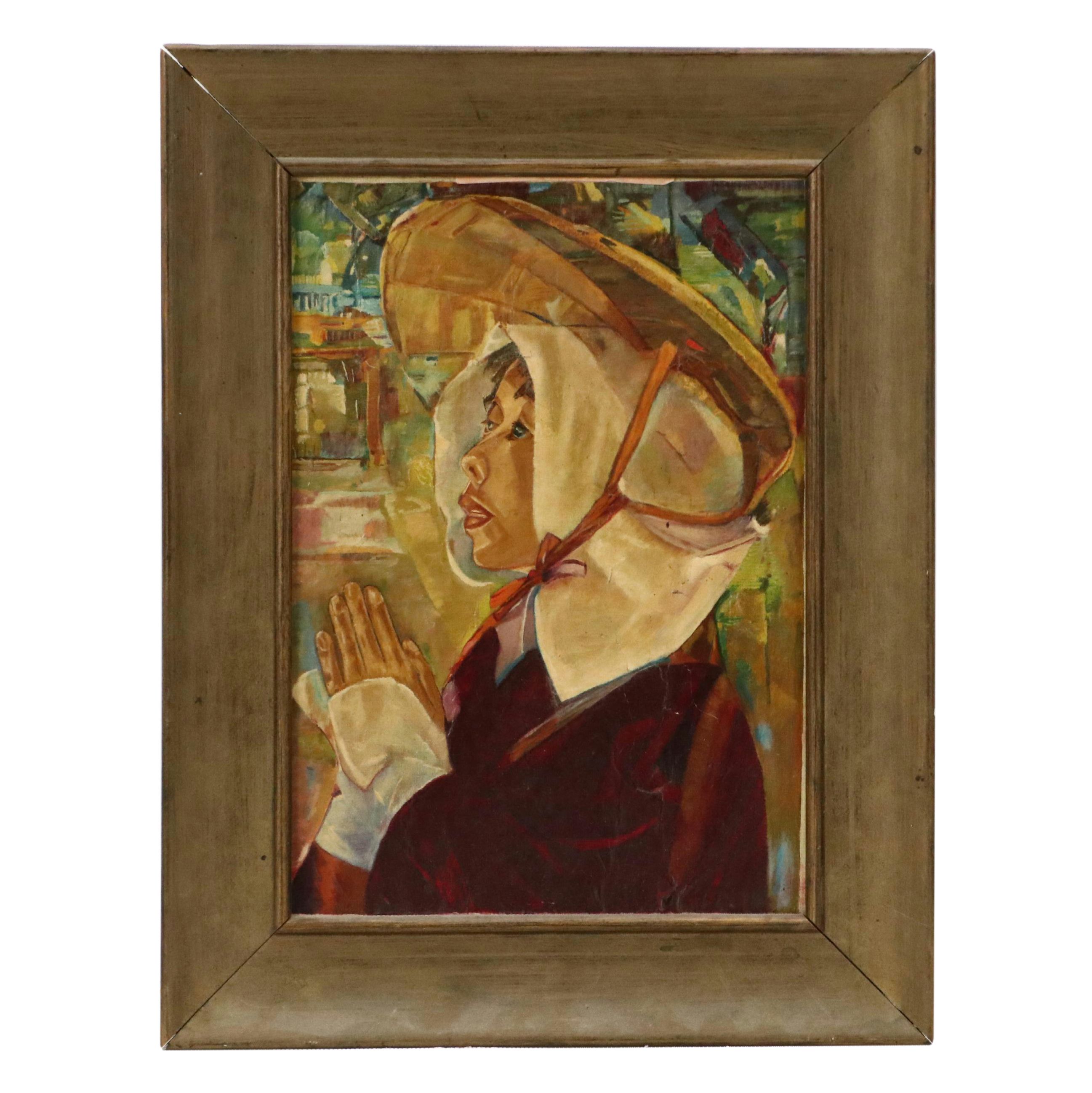 Portrait Oil Painting of Chinese Woman Wearing Sun Hat
