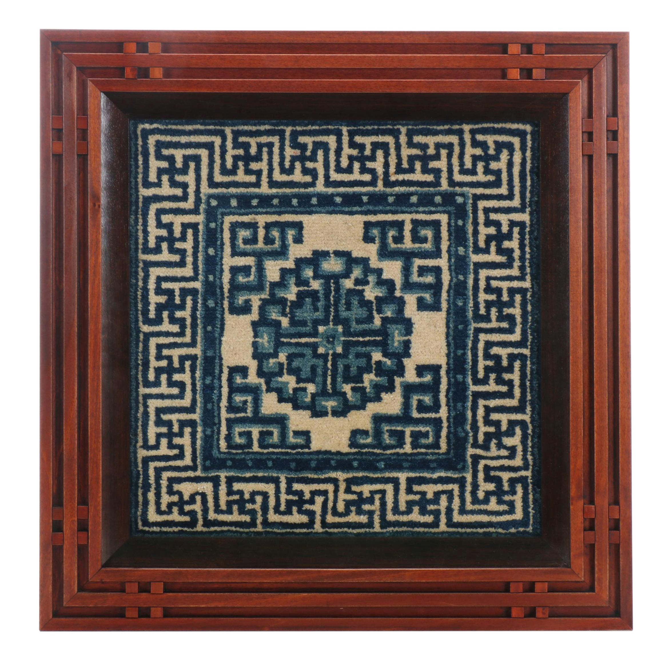Chinese Blue and White Wool Knotted Rug in Wood Frame