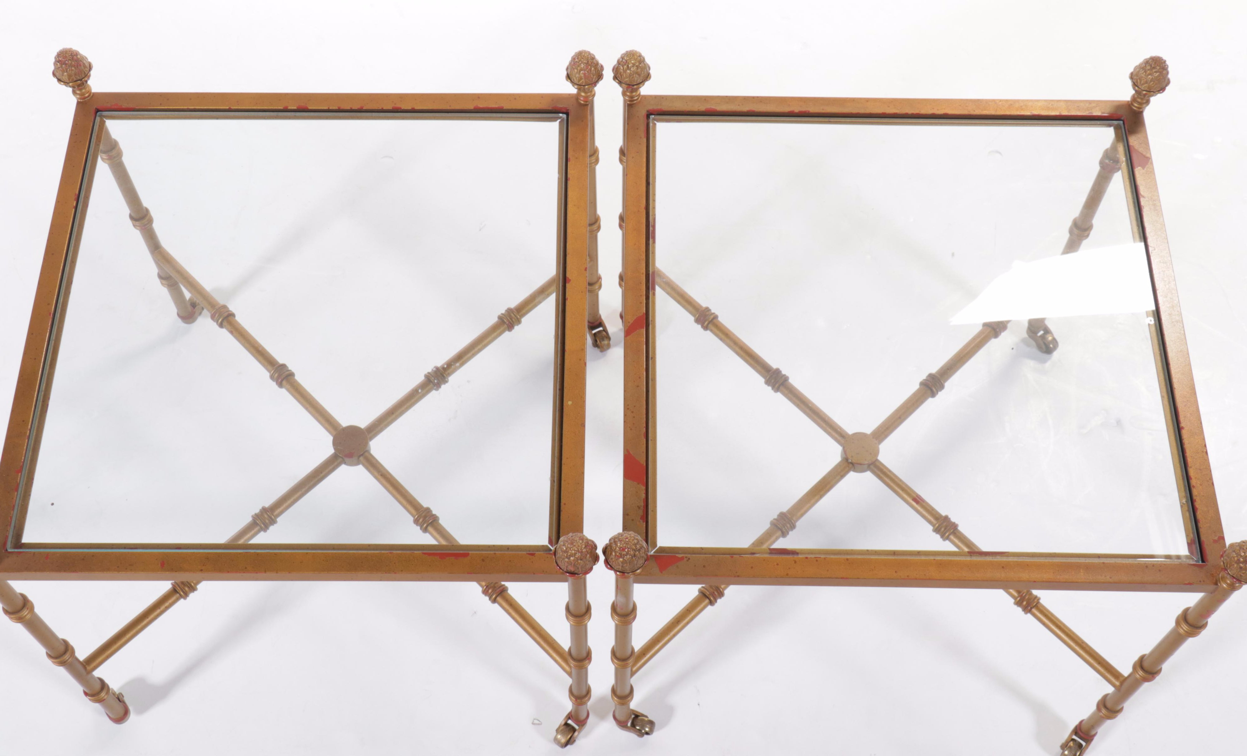 Pair of  Italian Regency Style Gilt Metal Faux Bamboo and Glass Top End Tables