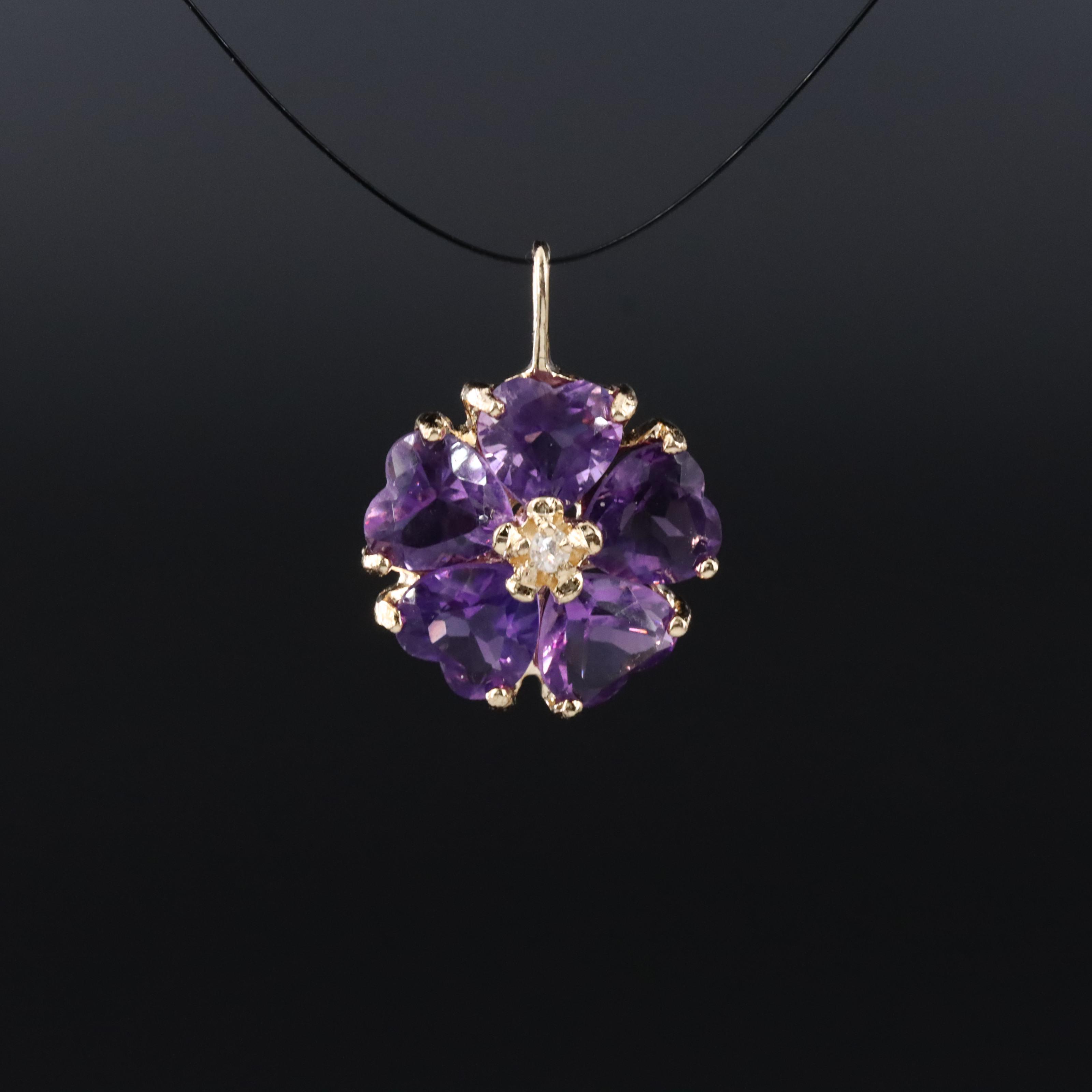14K Amethyst and Diamond Flower Pendant