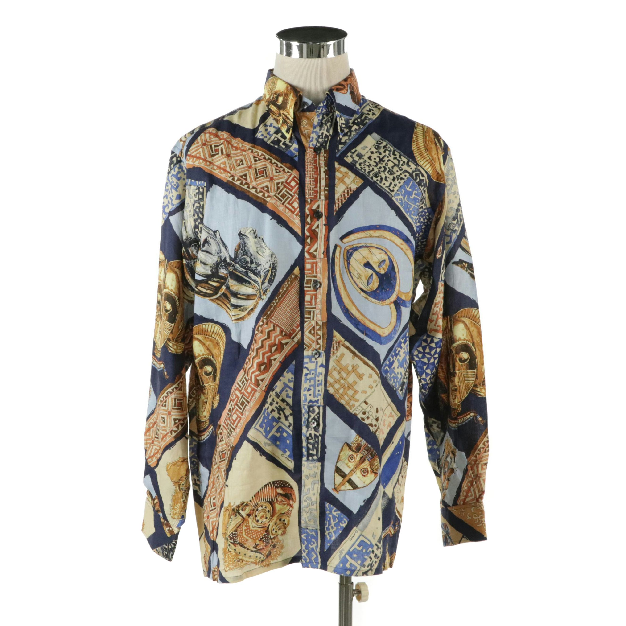 Men's Hermès Long Sleeve Shirt in "Persona" Print Linen