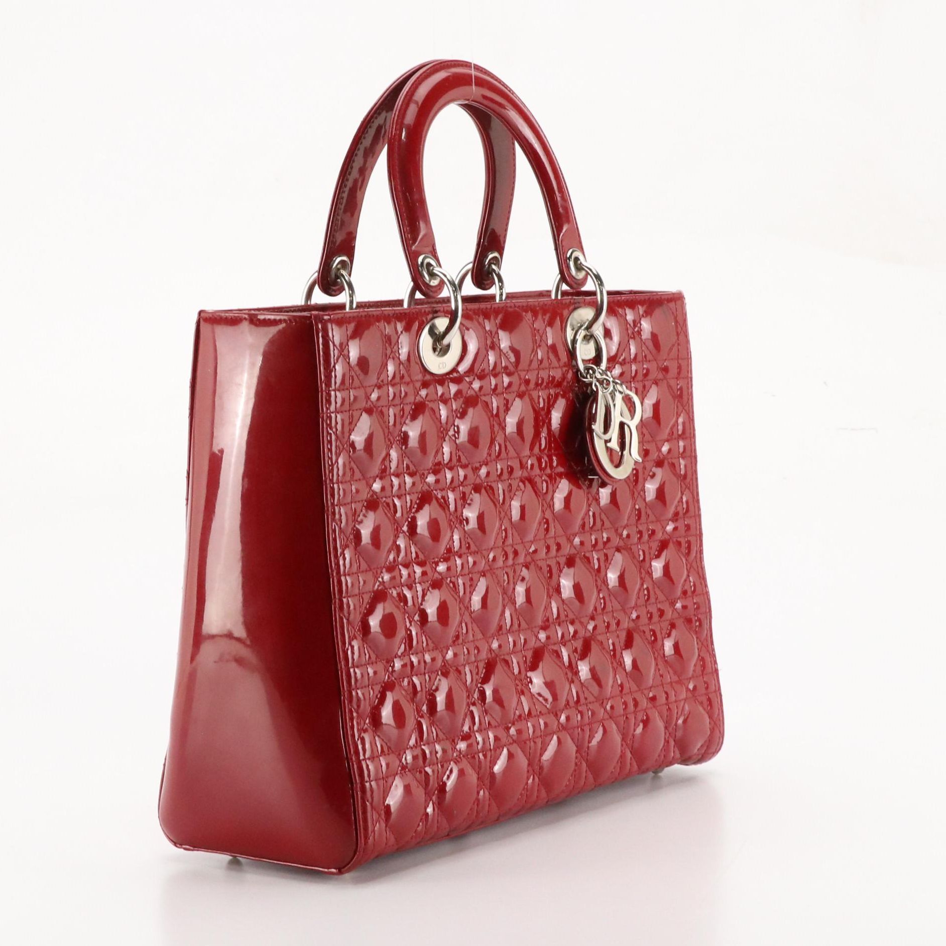 Christian Dior Large Lady Dior Two-Way Bag in Red Cannage Quilted Patent Leather