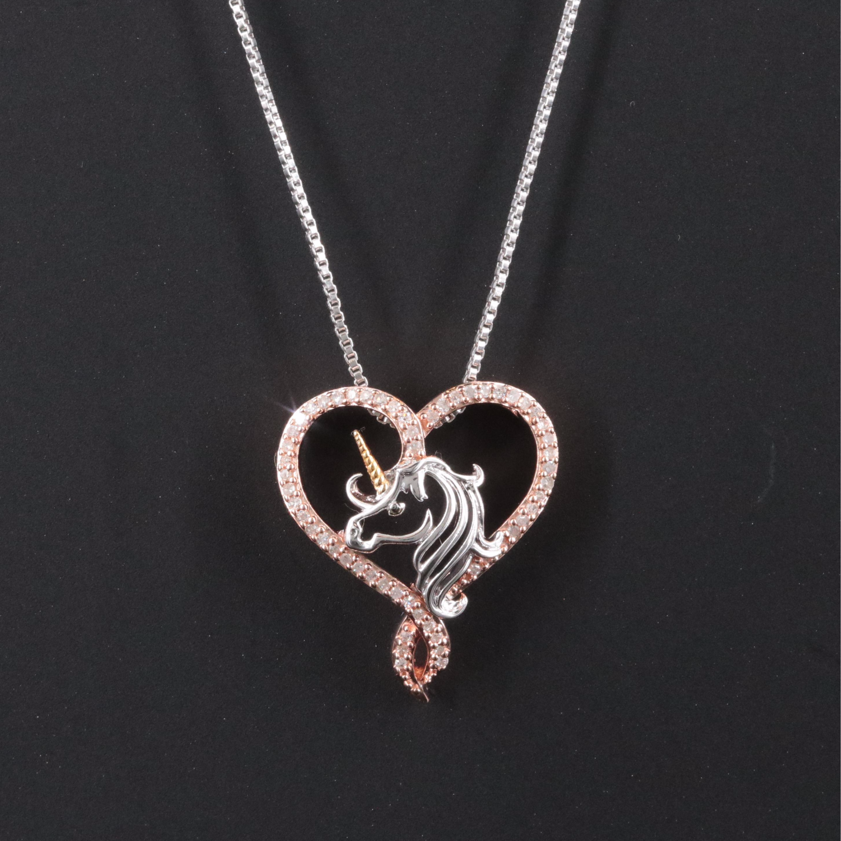 Hallmark Sterling Tri-Tone Diamond Unicorn Heart Pendant Necklace
