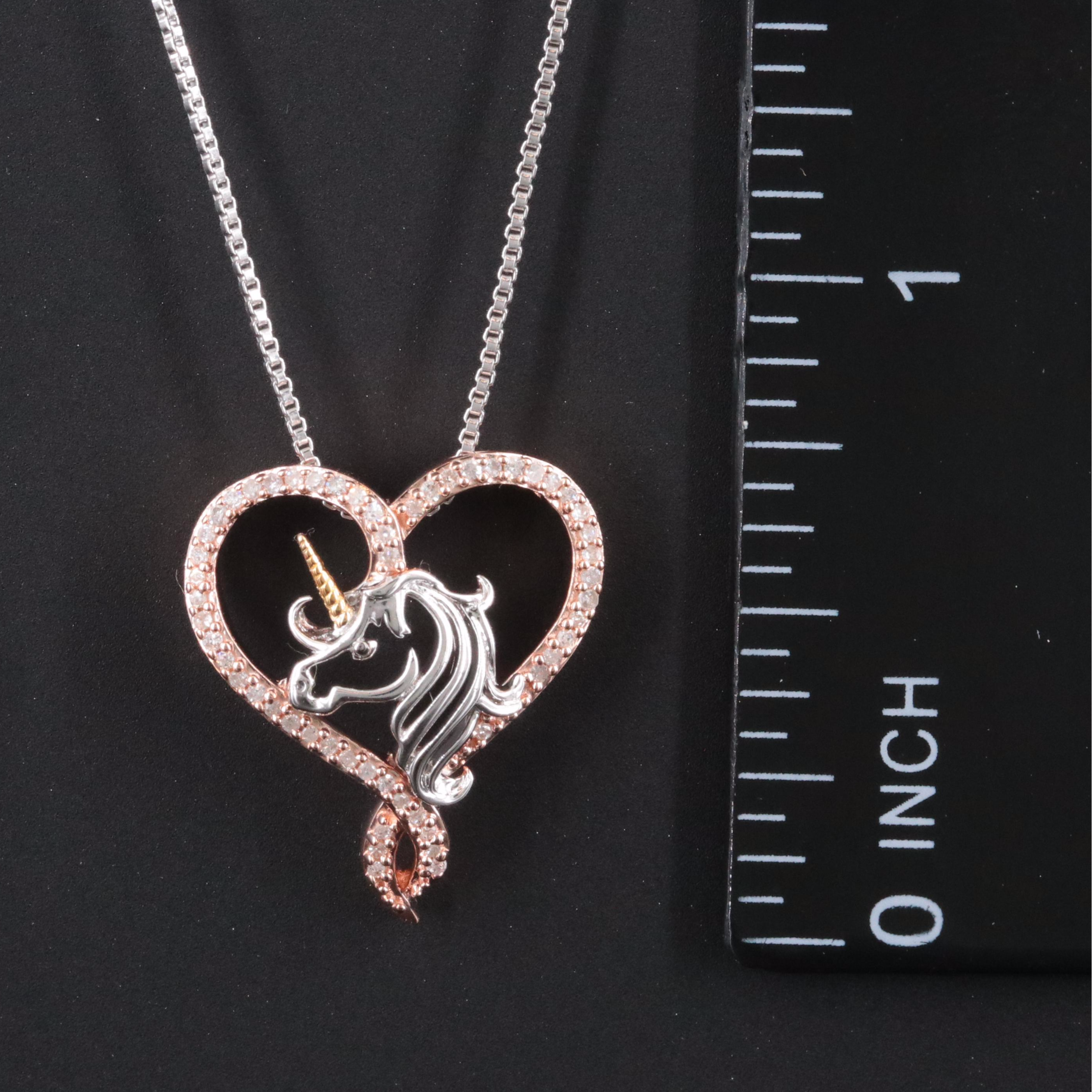 Hallmark Sterling Tri-Tone Diamond Unicorn Heart Pendant Necklace