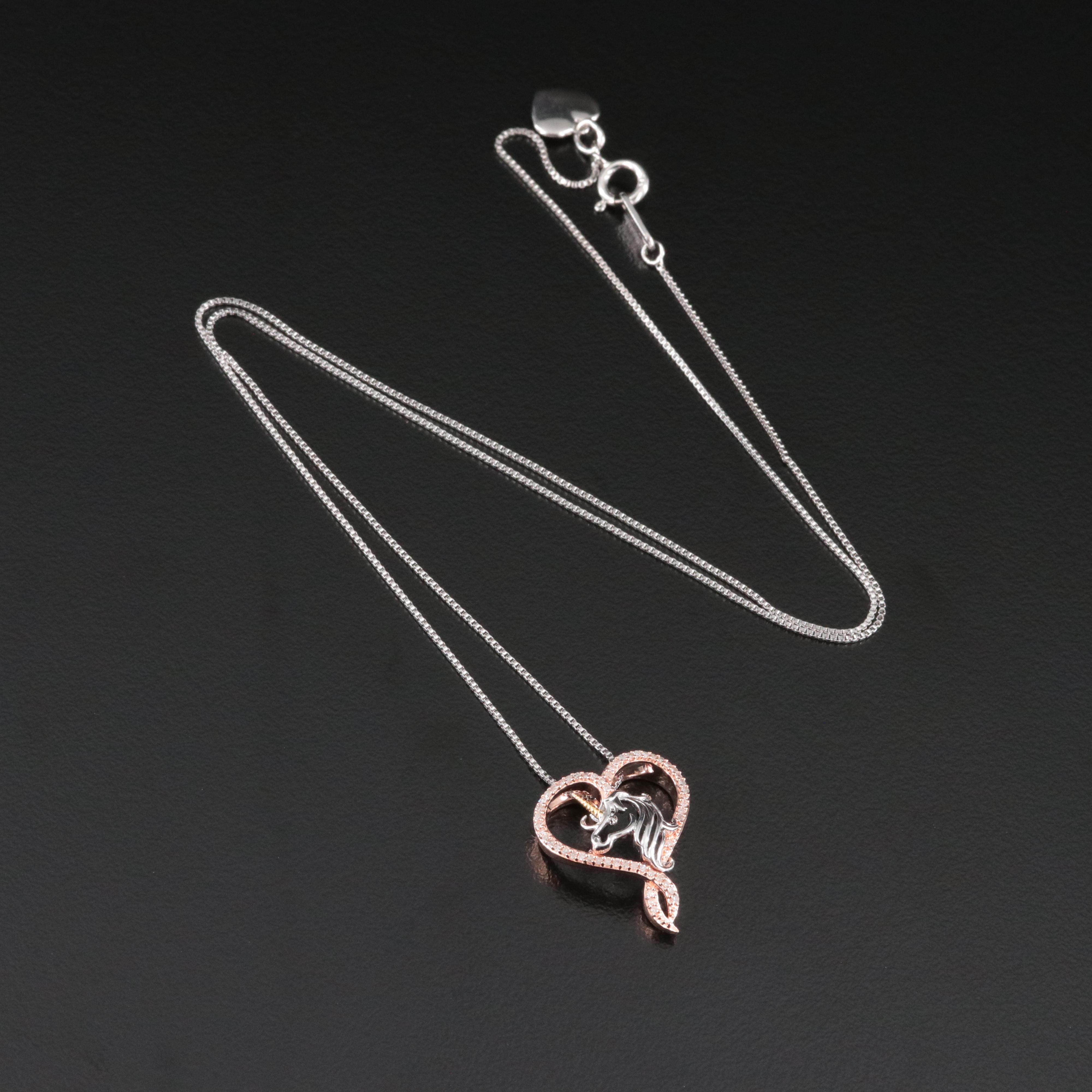 Hallmark Sterling Tri-Tone Diamond Unicorn Heart Pendant Necklace