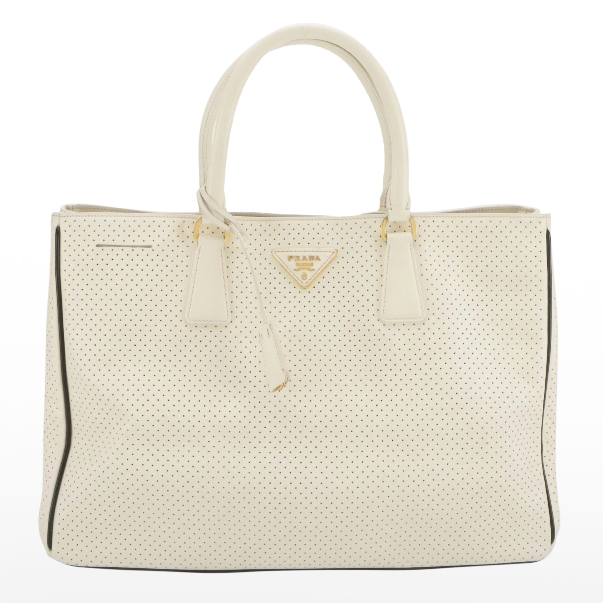 Prada White Perforated Leather Tote Bag with Black Leather Trim