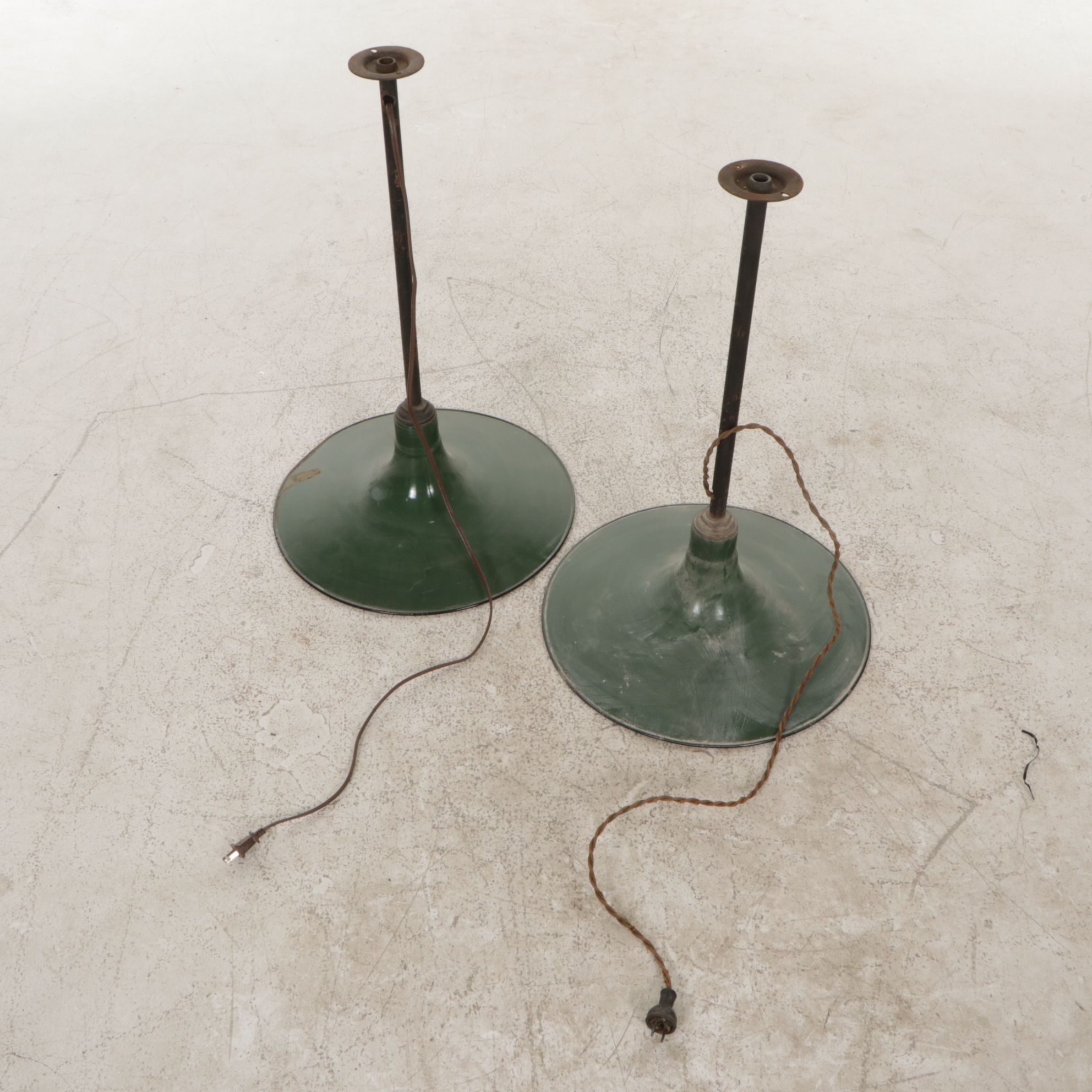 Pair of Industrial Enameled Flat Shade Work Pendants
