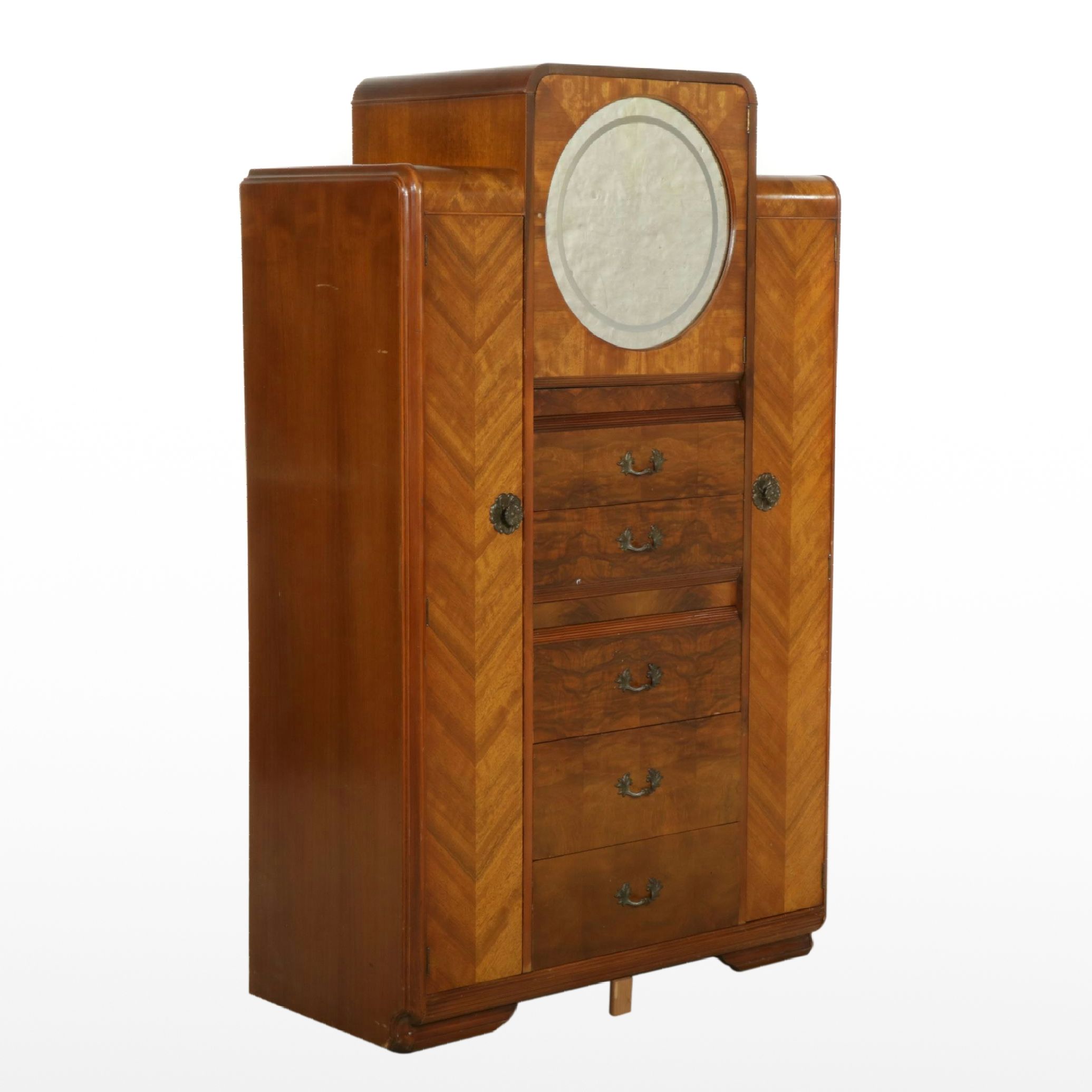 Art Deco Chifferobe Chest with Geometric Wood Veneer