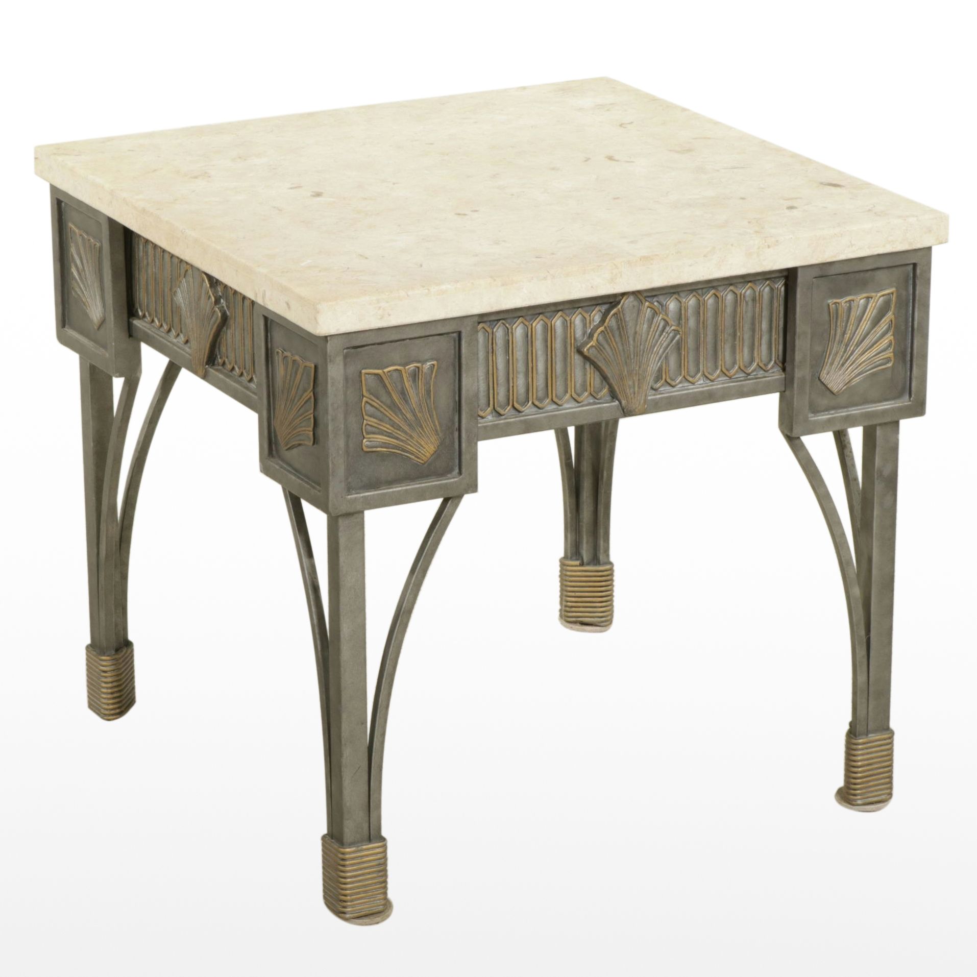 Art Deco Style Metal Side Table with Travertine Top, 21st Century