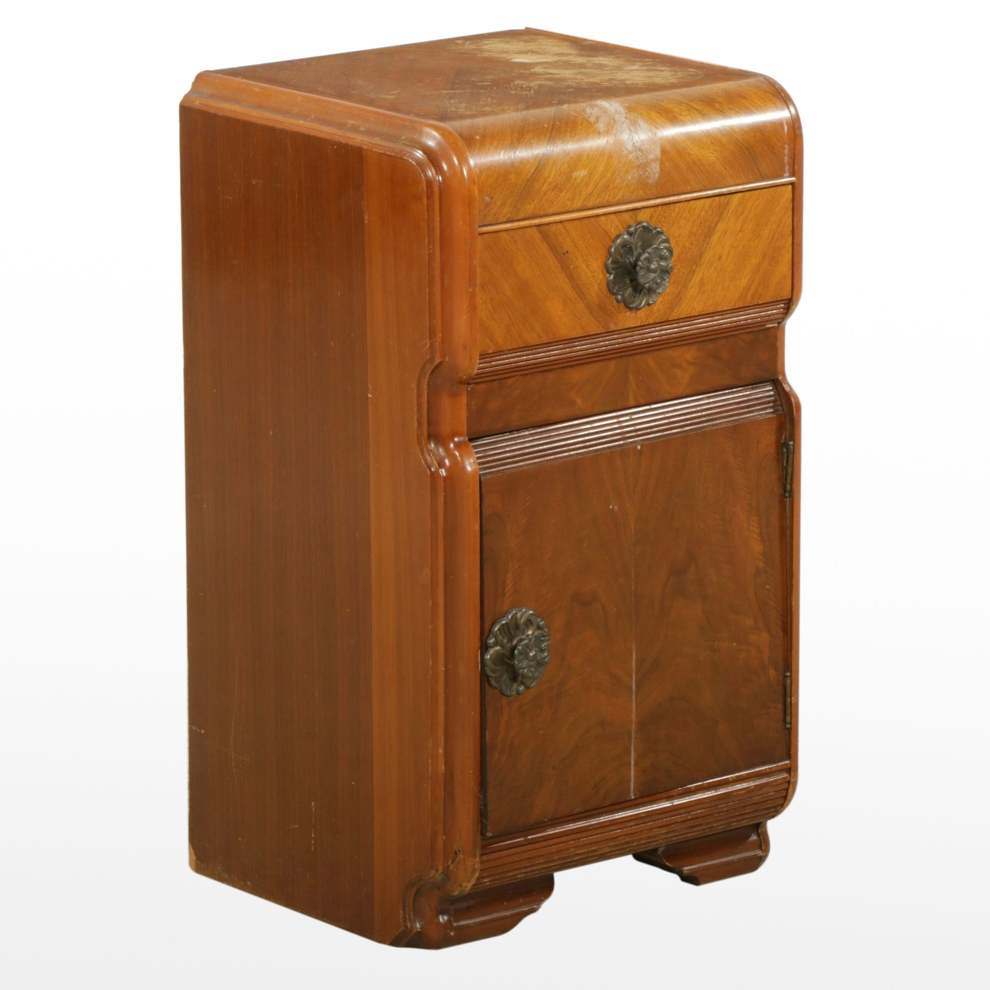 Art Deco Waterfall Front Nightstand with Geometric Mahogany Veneer