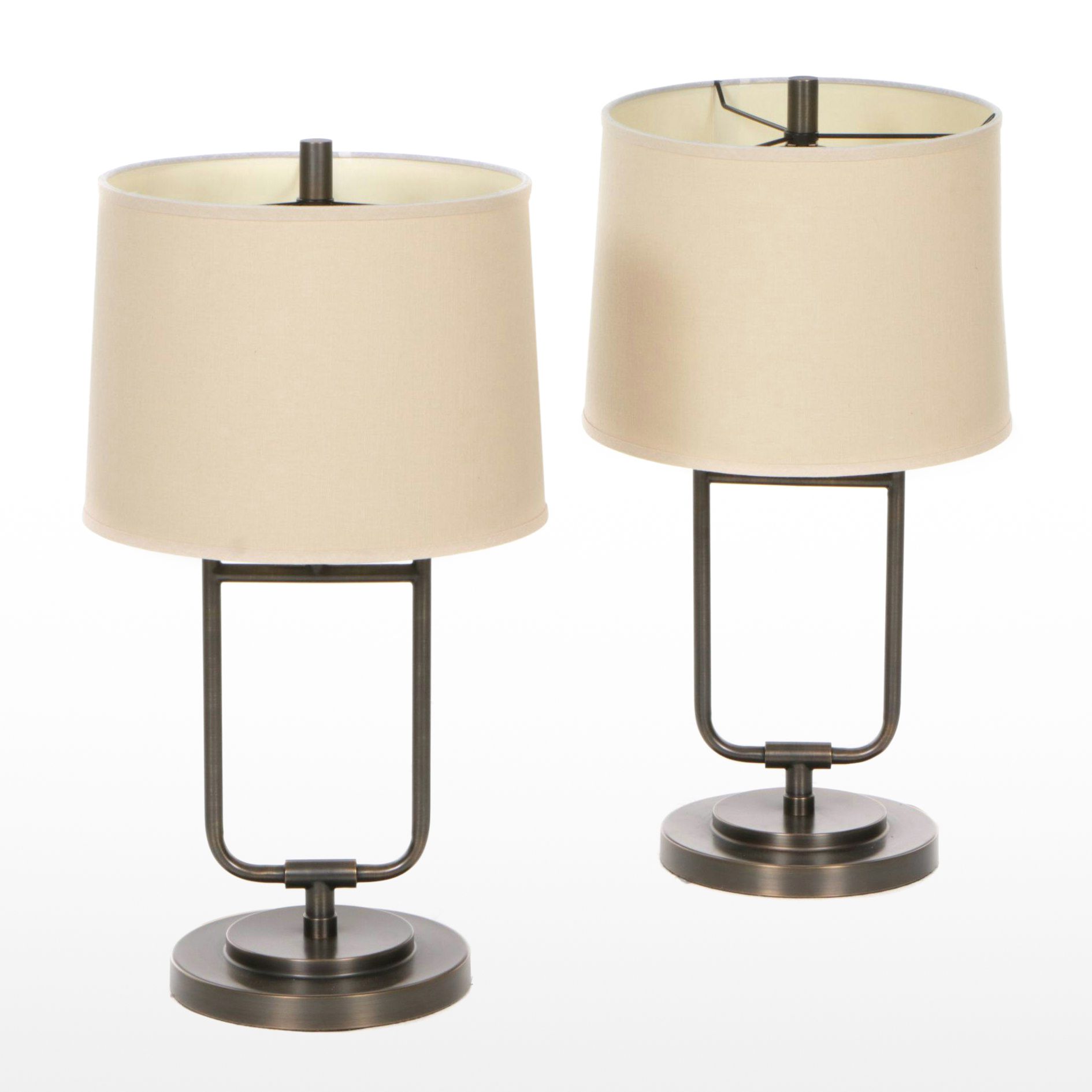 Pair of Oil Rubbed Bronze Tube Table Lamps with Linen Drum Shades, 2018