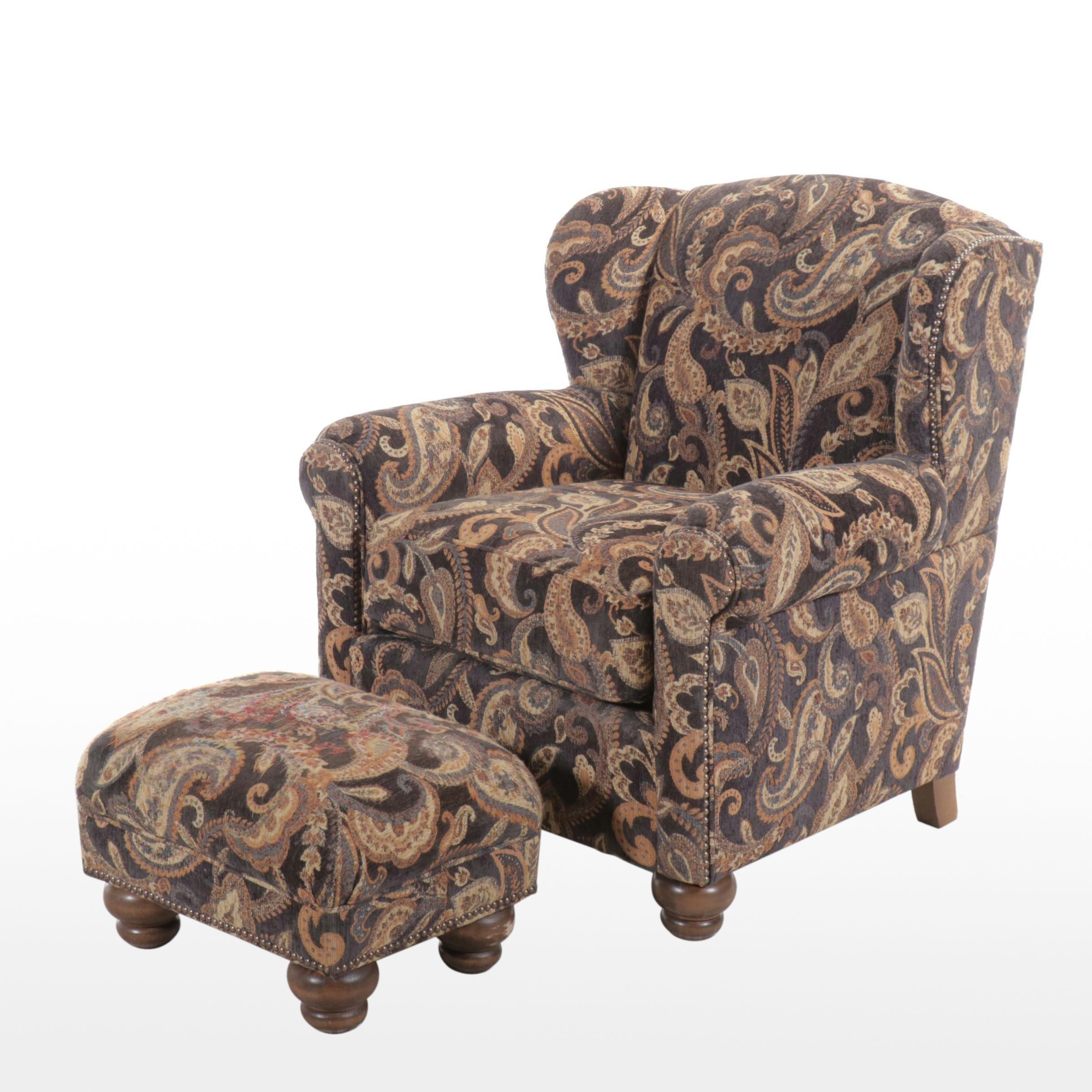 Smith Brothers of Berne Paisley Fabric Upholstered Armchair and Ottoman