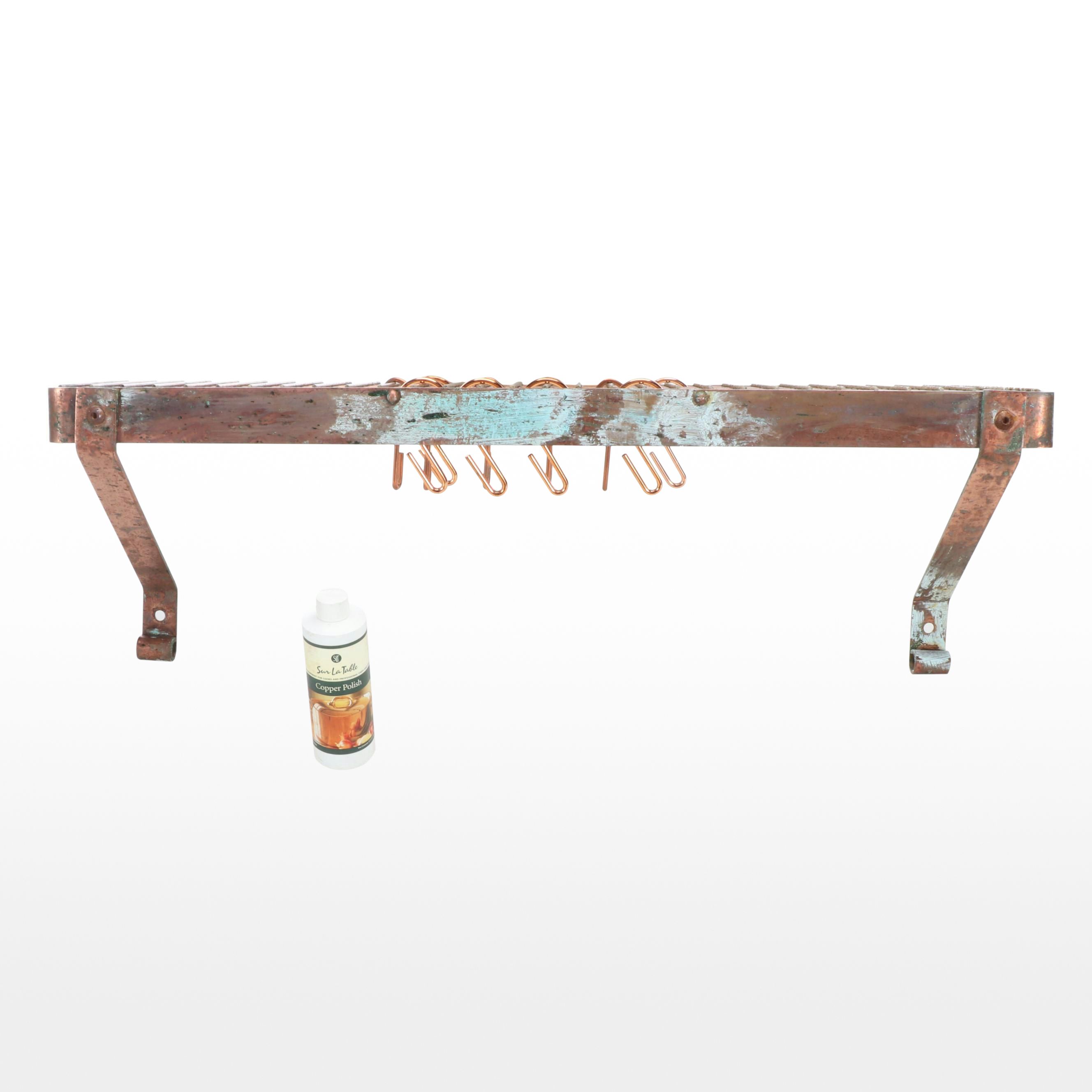 Copper Pot Rack Wall Shelf with Copper Polish and Additional Hardware