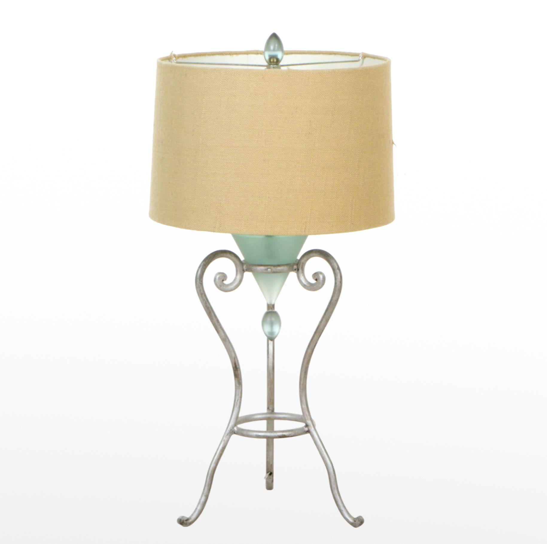Frosted Ombre Glass and Silver Curlicue Table Lamp with Burlap Drum Shade