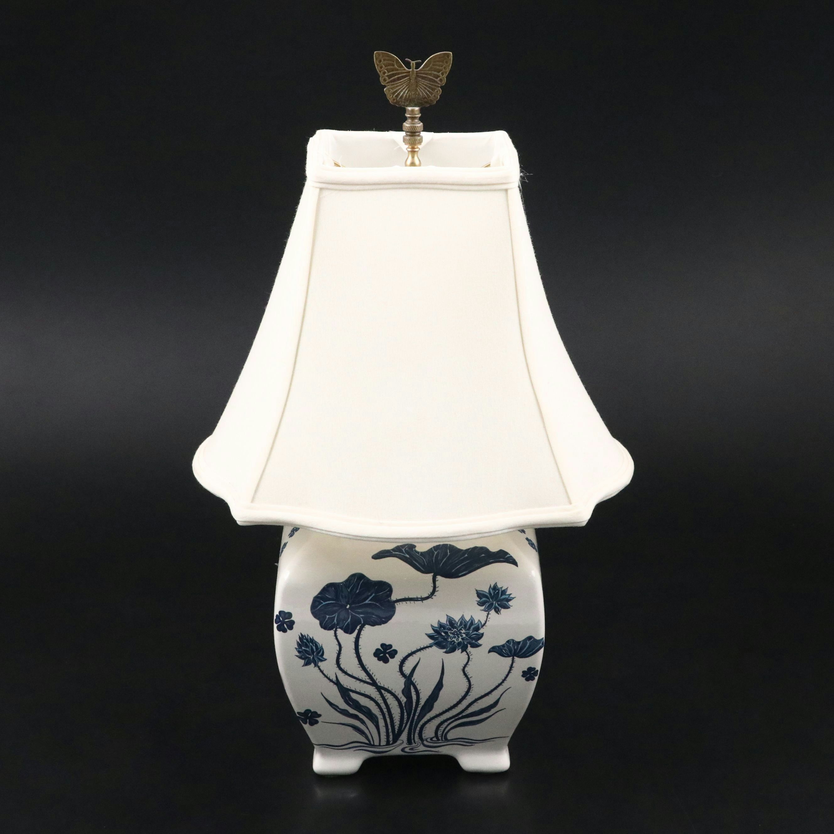 Chinese Blue and White Lotus Porcelain Table Lamp with Silk Bell Shade