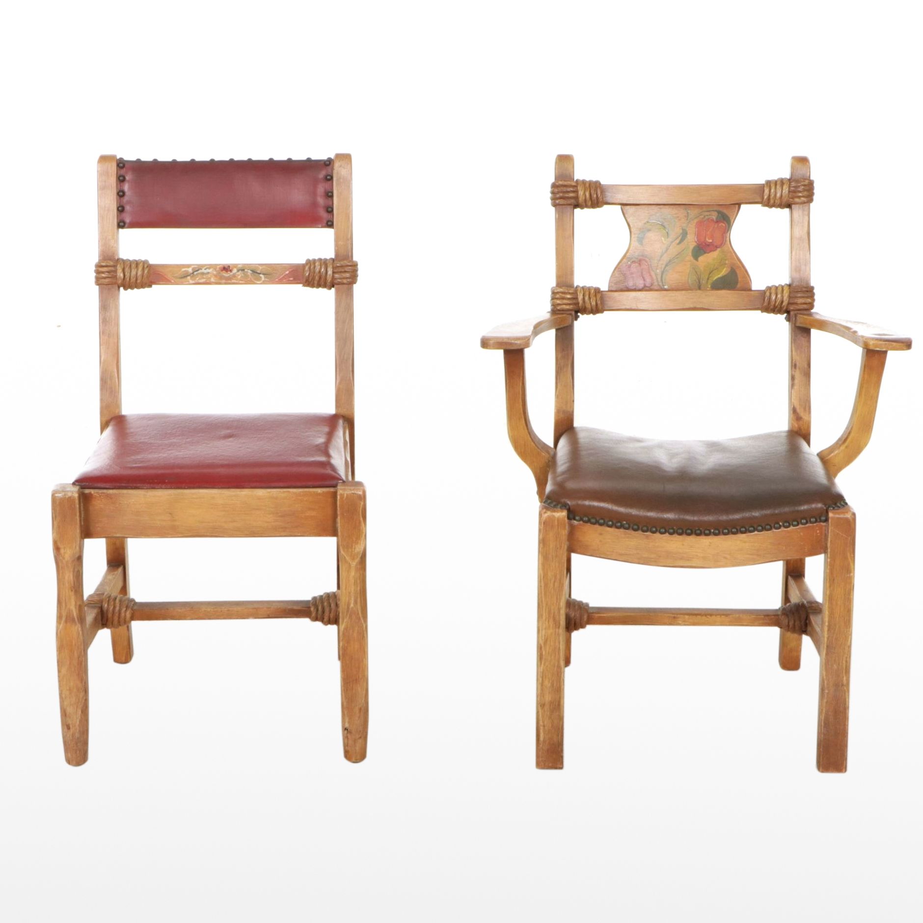 Coronado Southwestern Style Paint Decorated Chairs with Leather Upholstery