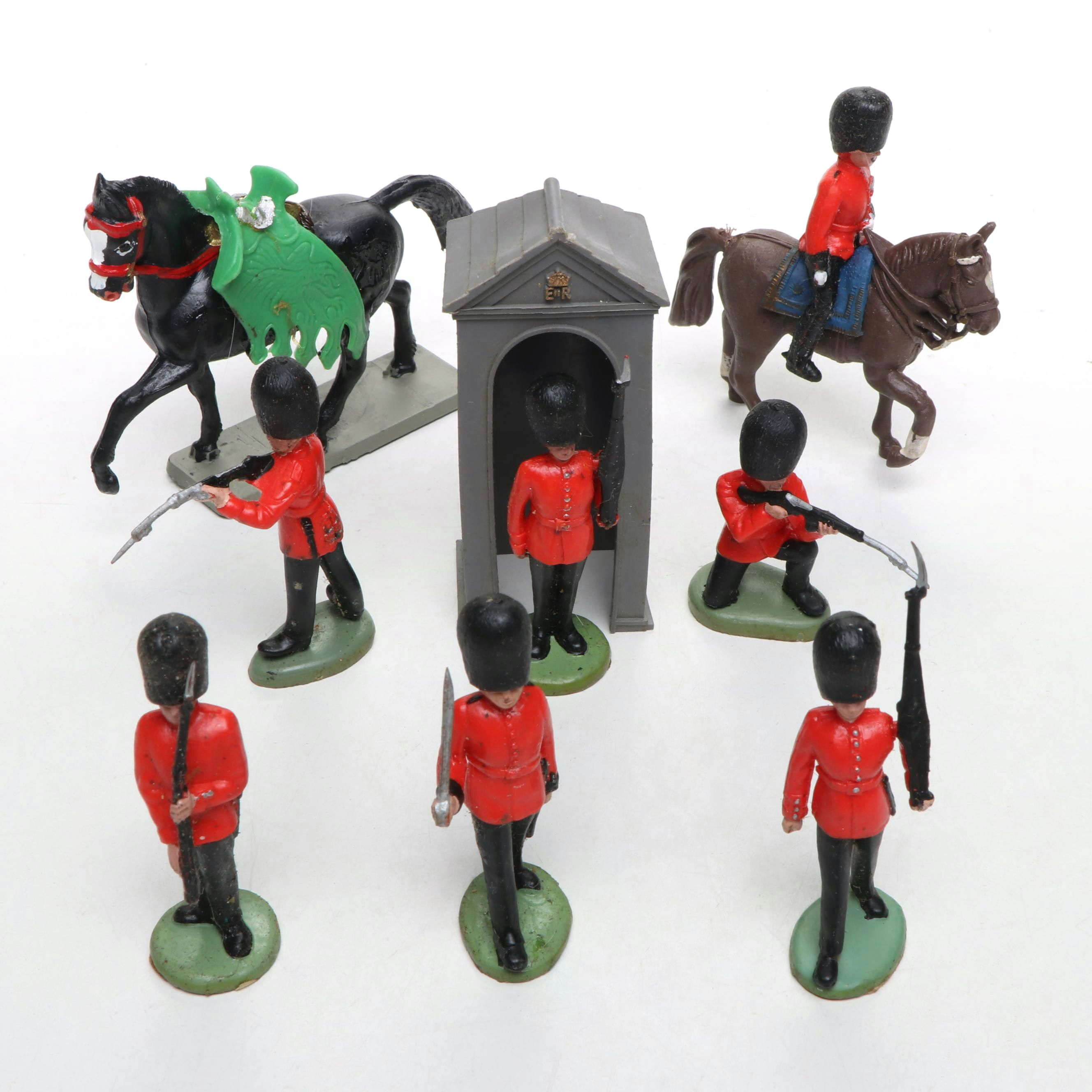 Britains Plastic Scots Guard Toy Soldiers with Decorated Horse and Guard Stand