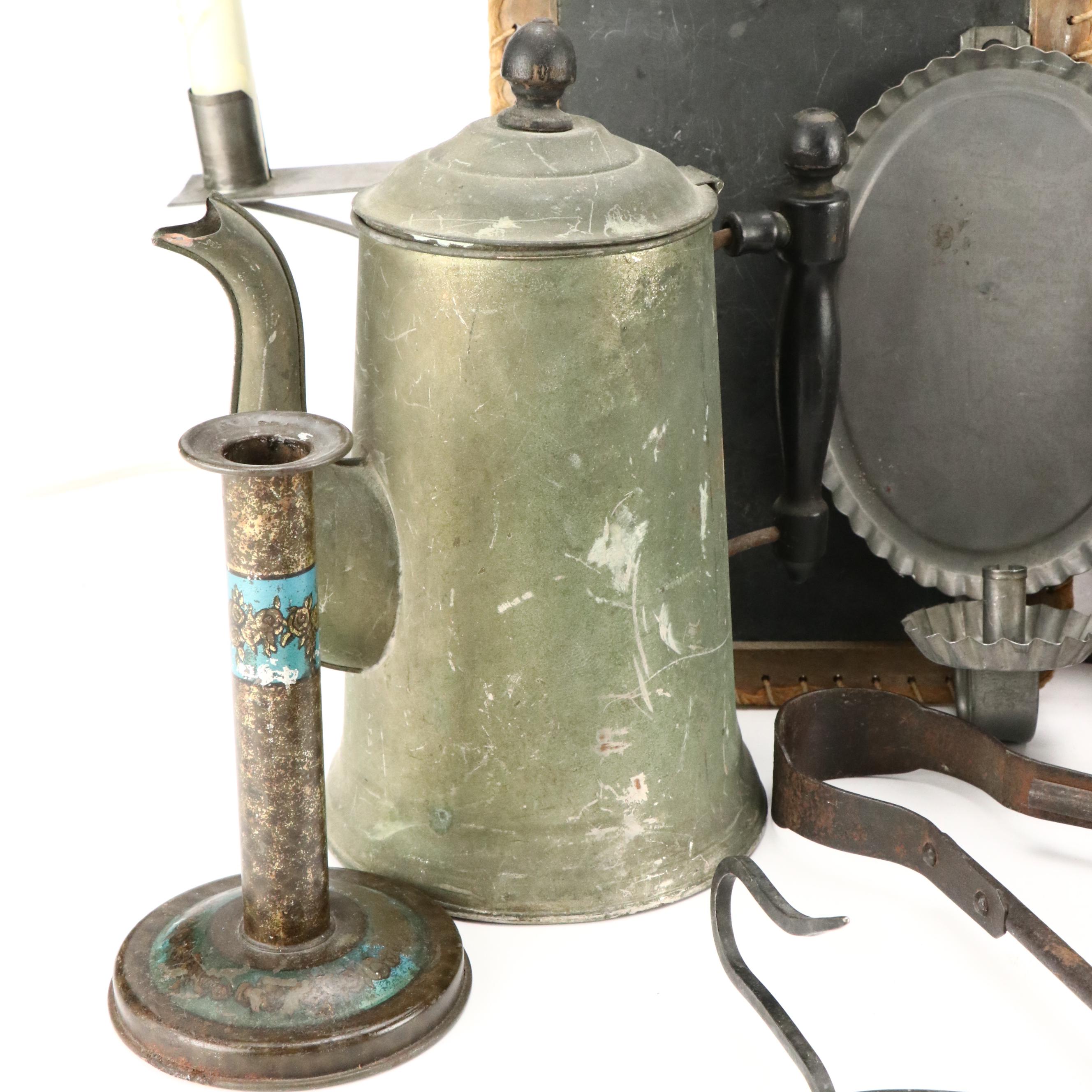 Colonial Style Tin Accent Lamps, Candlesticks, Coffee Pot and More