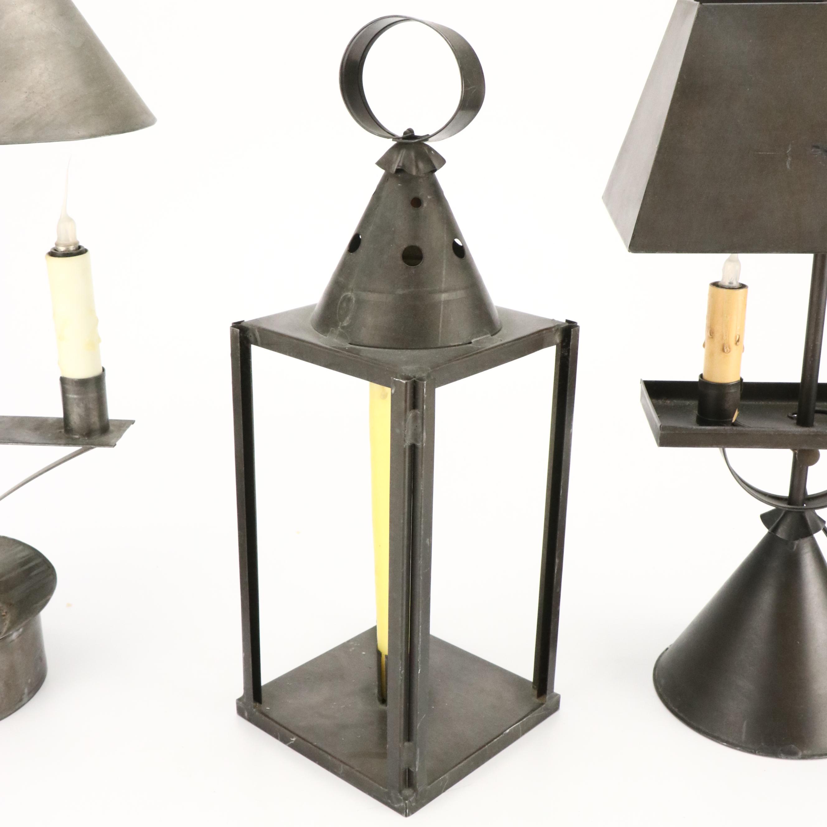 Colonial Style Tin Accent Lamps, Candlesticks, Coffee Pot and More