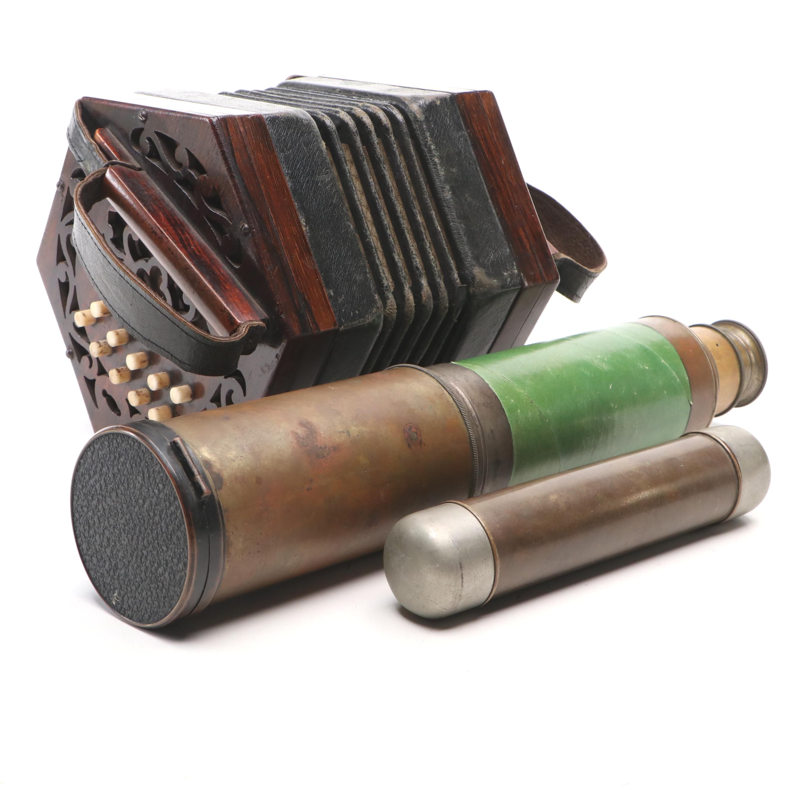 Carved Wood Concertina with Brass Telescopes