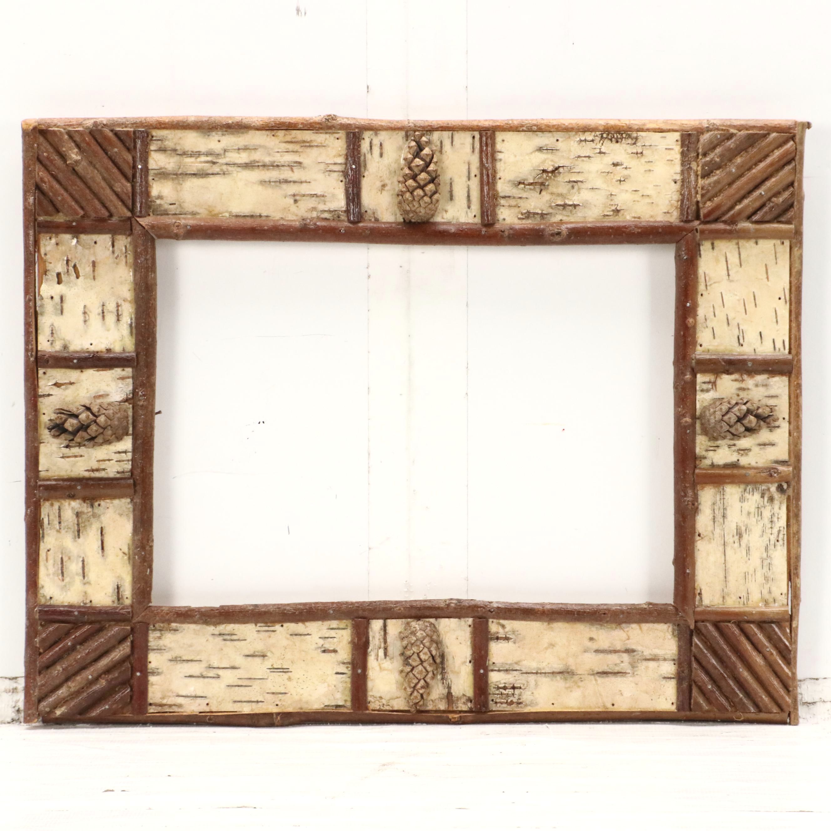 Robert Beaven Folk Art Frame with Pine Cones, Birch Bark, and Twigs