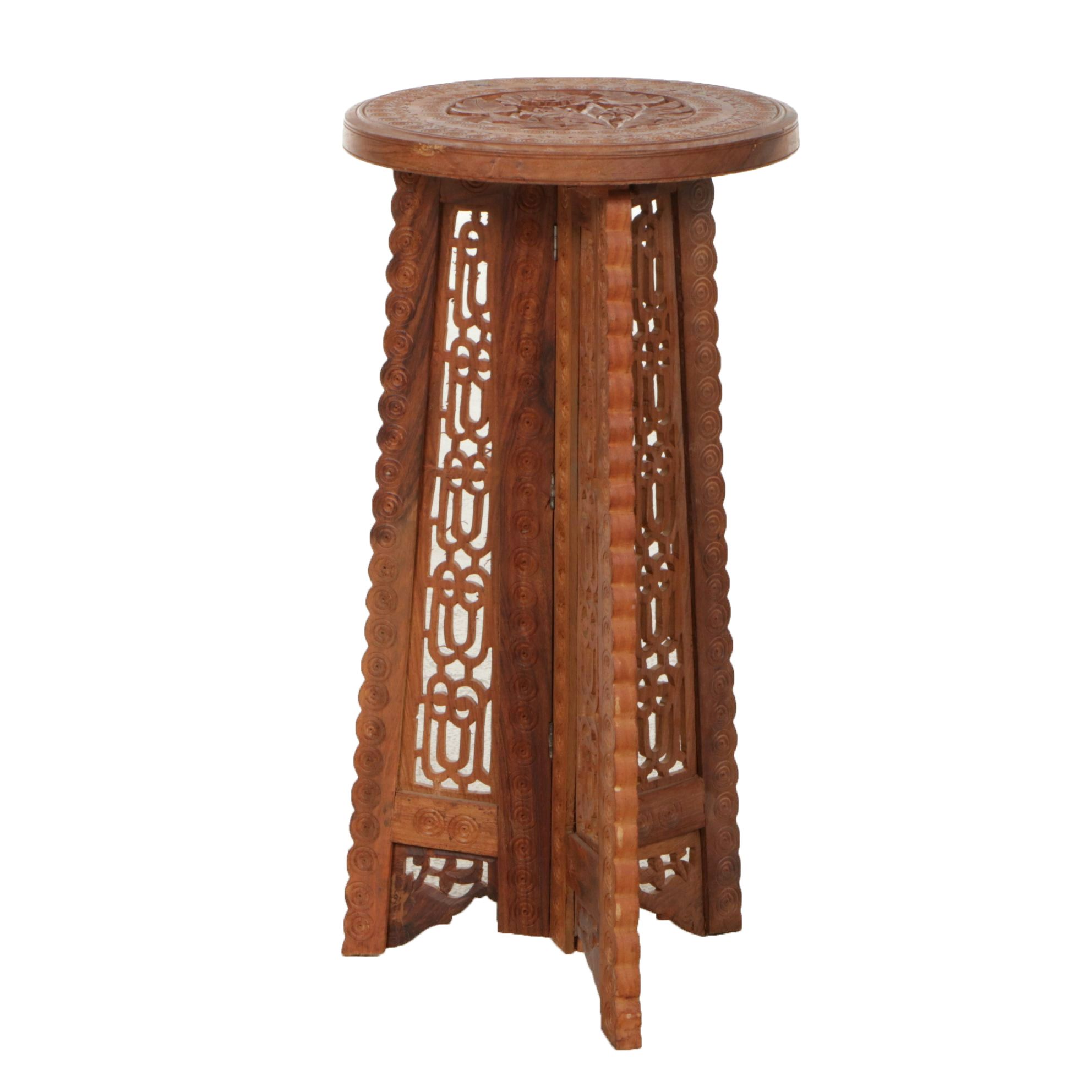 Anglo-Indian Carved Wood Circular Folding Plant Stand