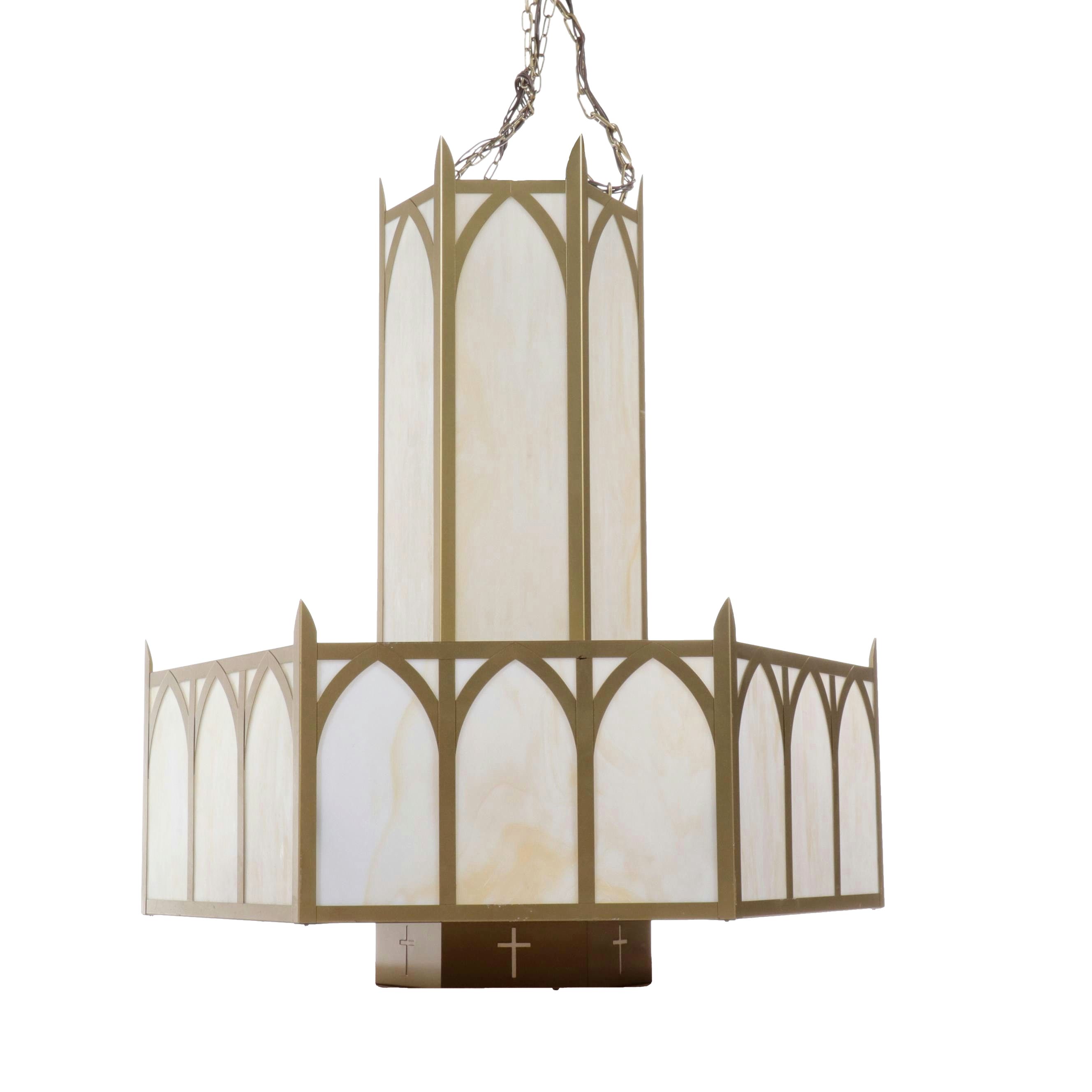 Large Gothic Revival Style Church Chandelier with Slag Glass Panels, Vintage