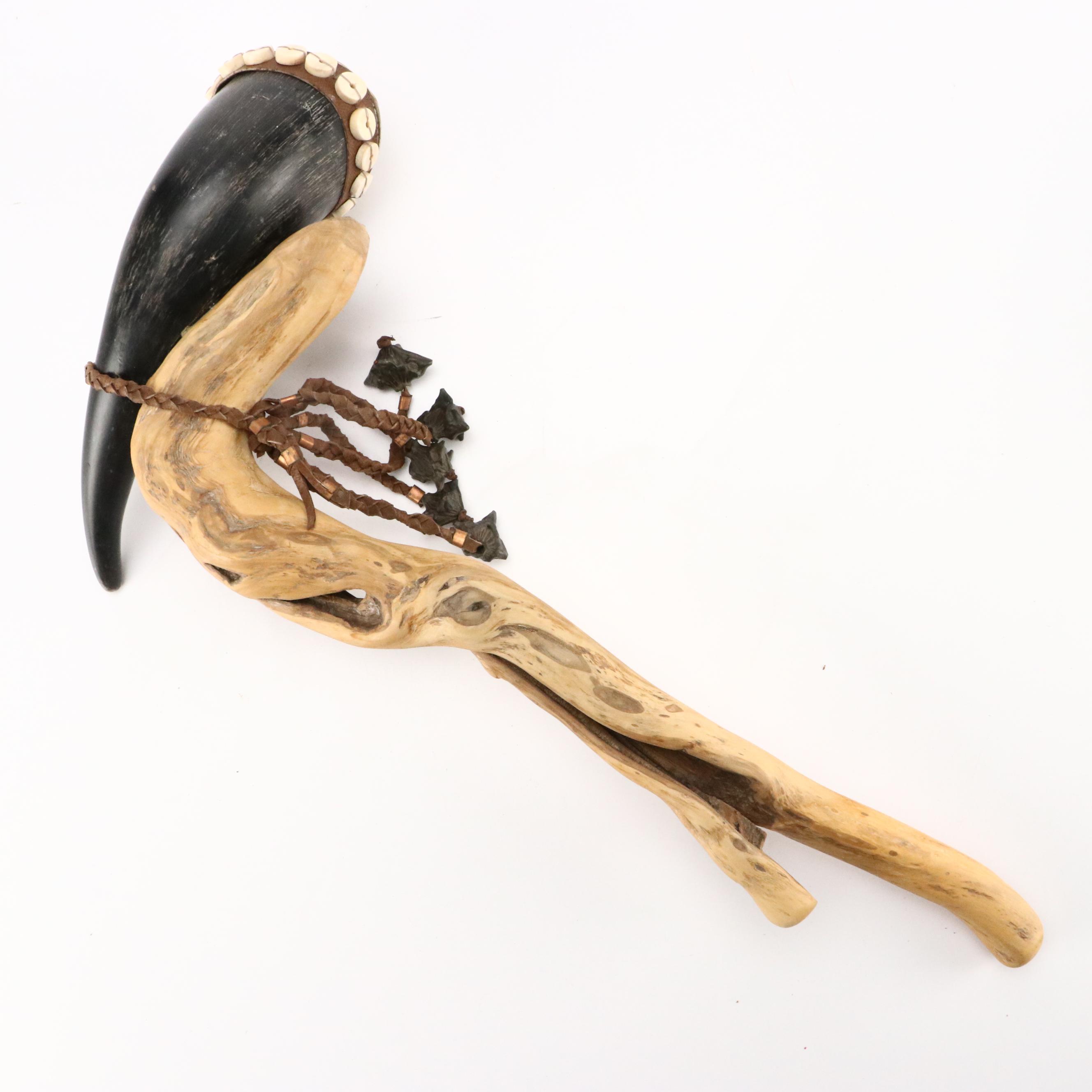 Robert Beaven Box Turtle Shell and Steer Horn Rattle with Other Bone Rattle