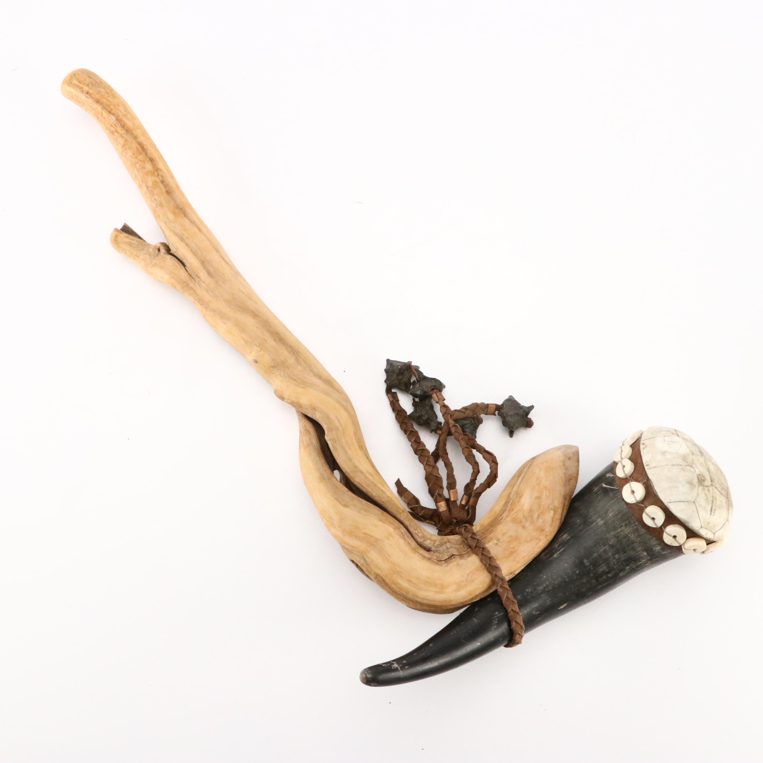 Robert Beaven Box Turtle Shell and Steer Horn Rattle with Other Bone Rattle