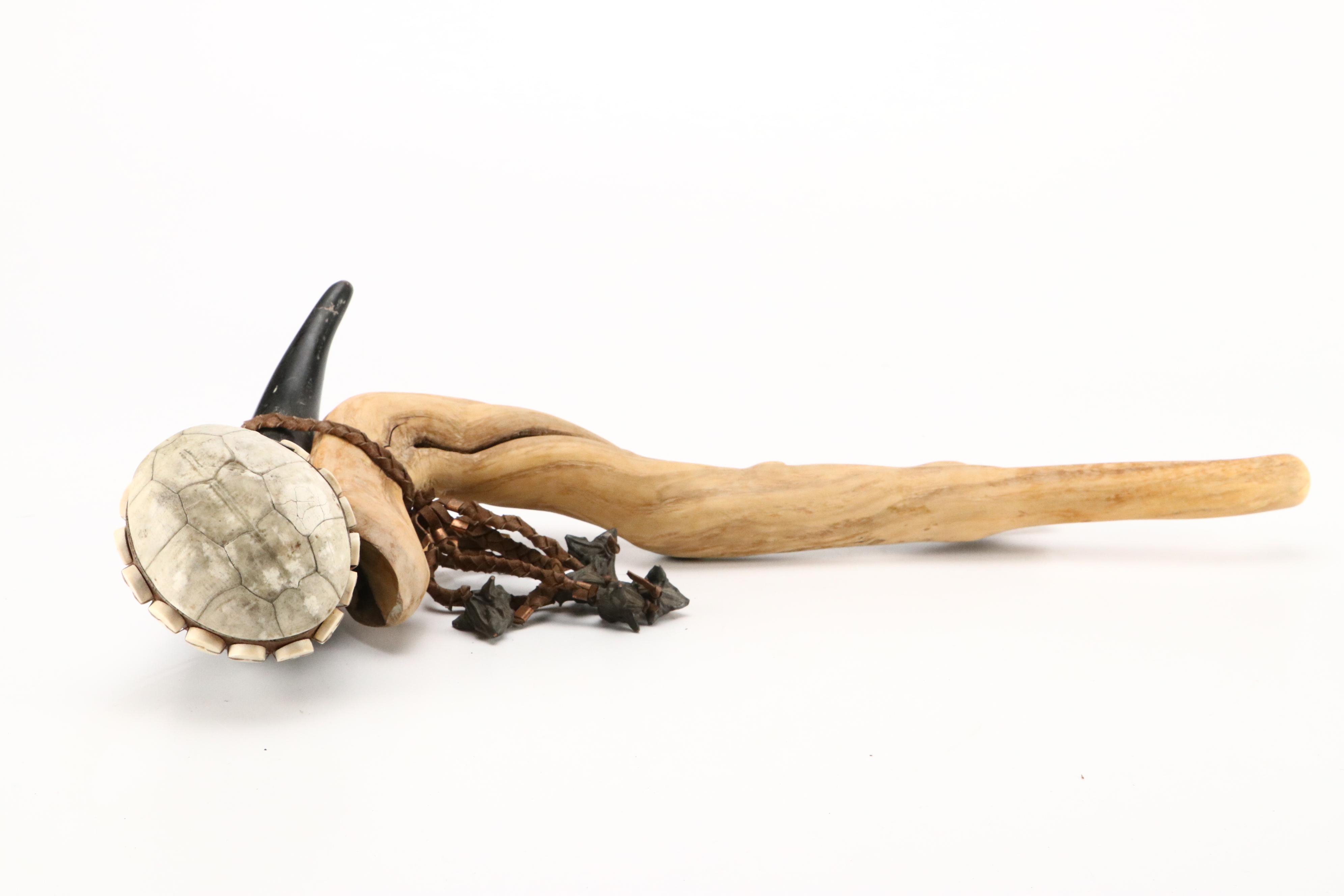Robert Beaven Box Turtle Shell and Steer Horn Rattle with Other Bone Rattle