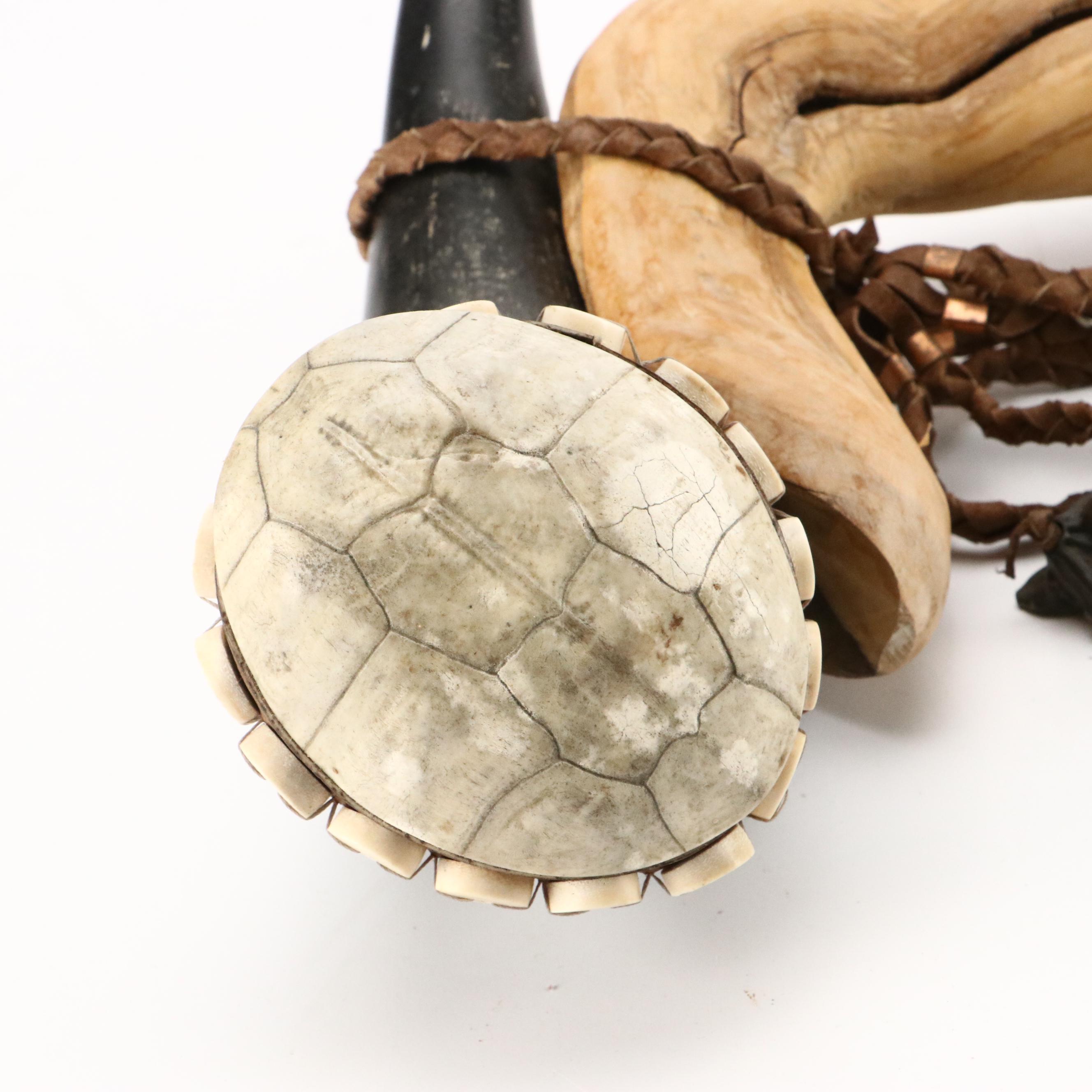 Robert Beaven Box Turtle Shell and Steer Horn Rattle with Other Bone Rattle